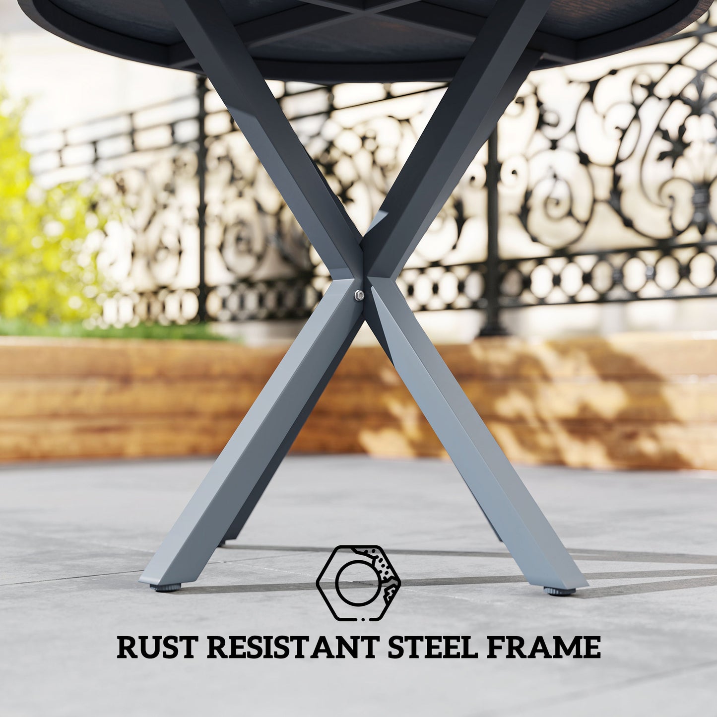 Outsunny 85cm Round Outdoor Dining Table With Steel Frame And Wood Effect Top For Balcony And Deck Dark Grey