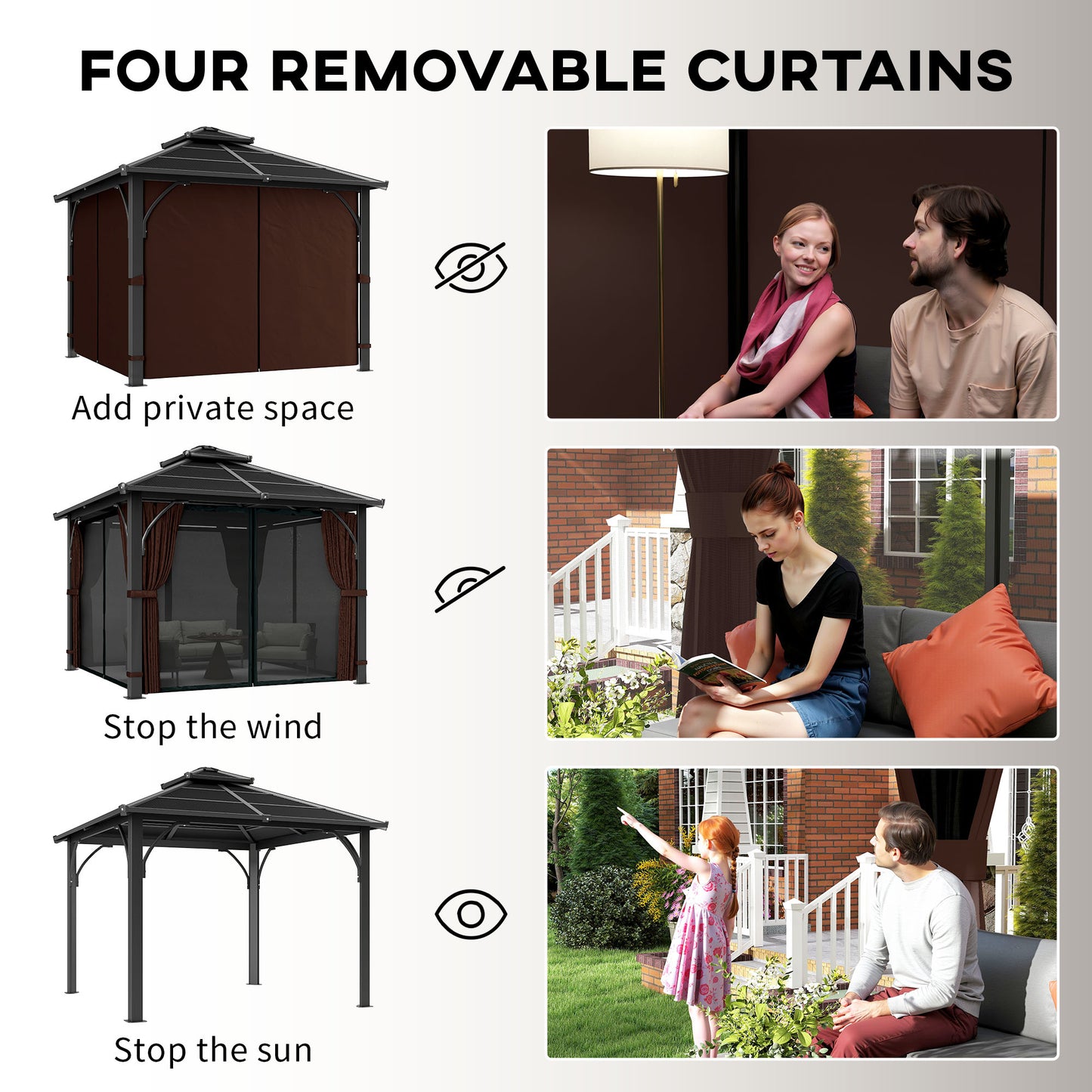 Outsunny 3x3m Hardtop Gazebo With 7mm Polycarbonate Double Tier Roof Garden Patio Mosquito Netting Curtains Brown