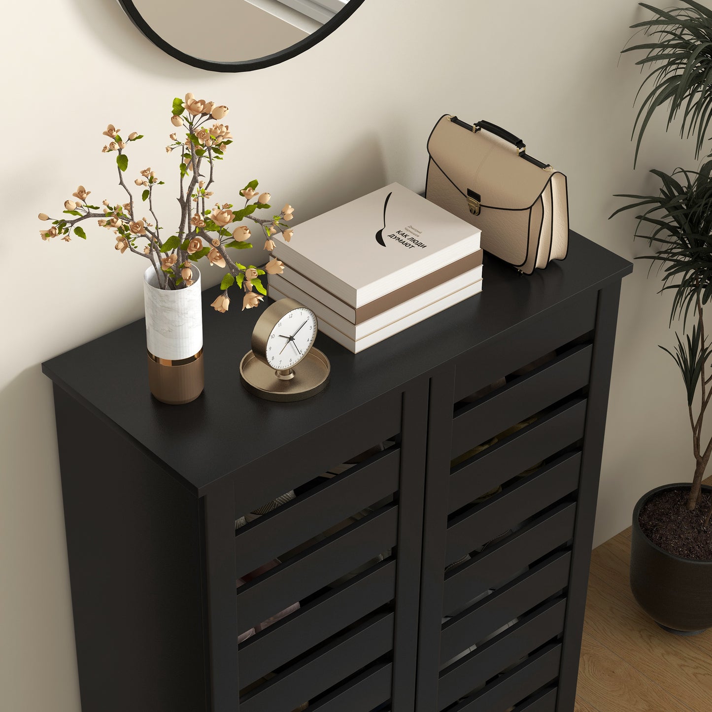 Homcom Narrow Shoe Cabinet For Entryway, Slim 5-Tier Storage With 2 Slatted Doors And Adjustable Shelves