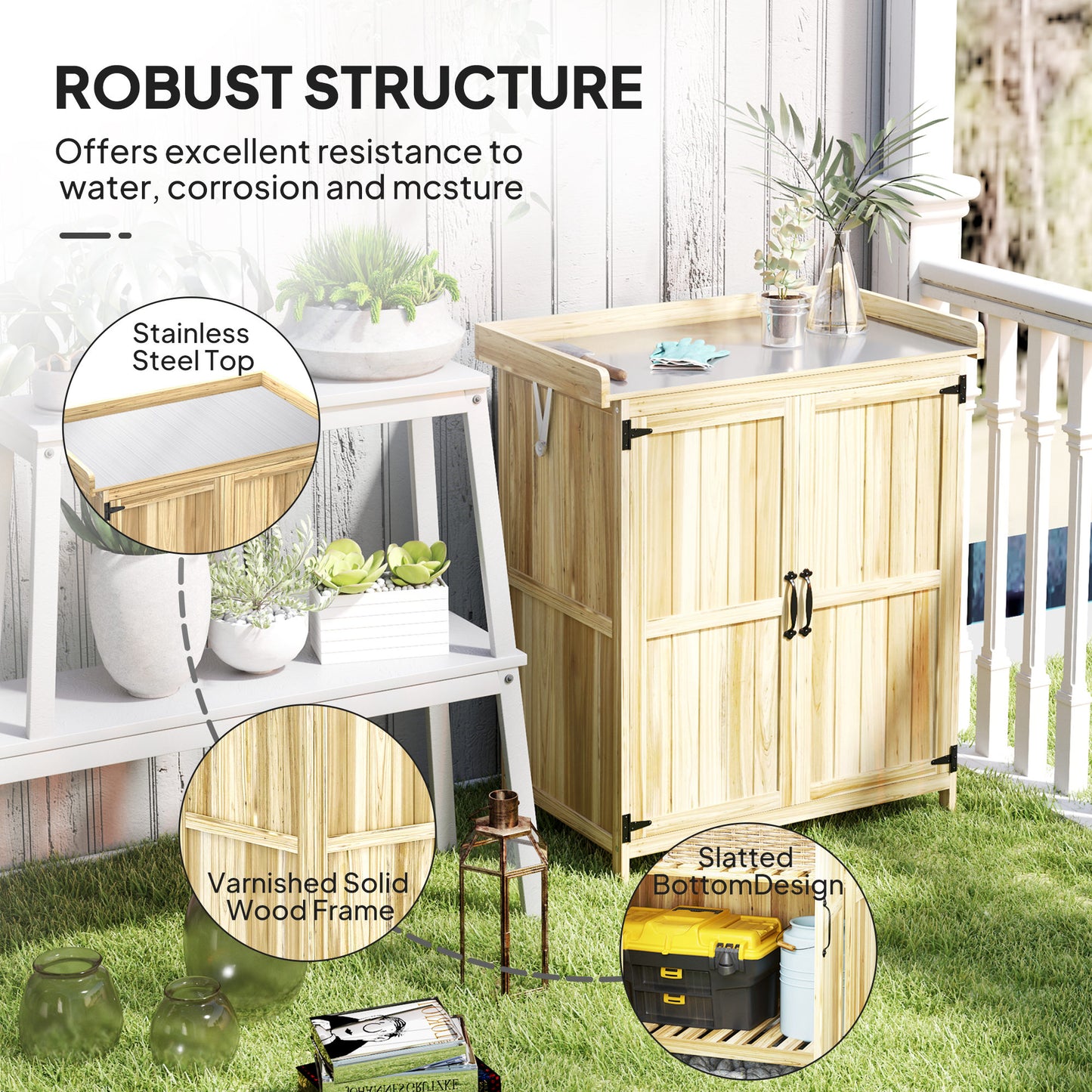 Outsunny Fir Wood Shed With Metal Worktop And Easy Open Hinged Roof 43 x 74cm Natural Finish
