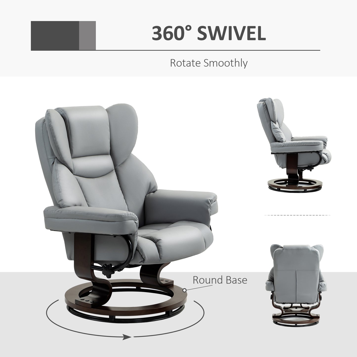 HOMCOM 360 Degree Swivel Recliner Chair With Footstool Light Grey PU Leather Manual Armchair With Solid Wood Base