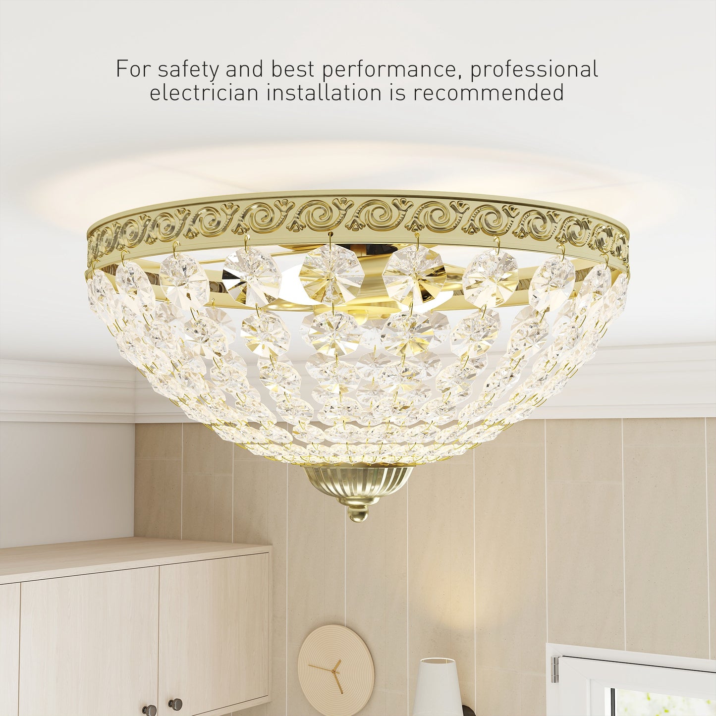 HOMCOM Crystal Chandelier Ceiling Light 168 Octagonal Beads Vintage Two Light Flush Mount Gold Tone For Living Room