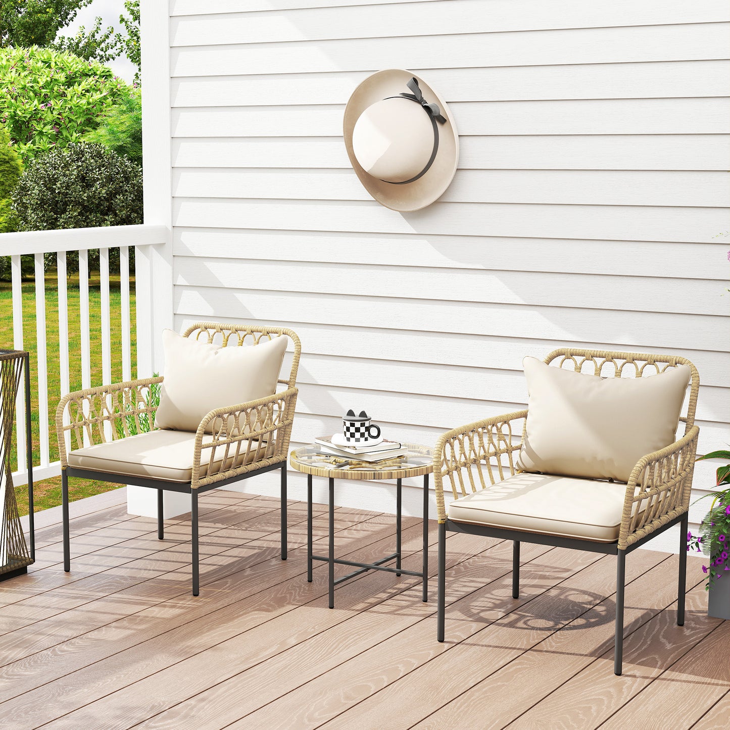 Outsunny 3 Piece Rattan Bistro Set Outdoor Wicker Garden Furniture With Cushions Glass Top Table And Chairs Beige