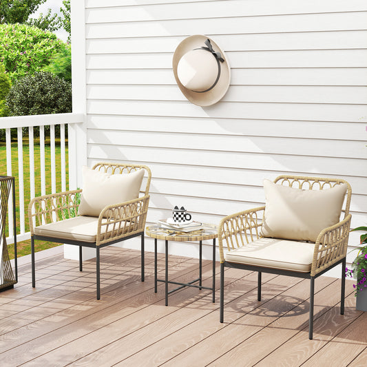 Outsunny 3 Piece Rattan Bistro Set Outdoor Wicker Garden Furniture With Cushions Glass Top Table And Chairs Beige