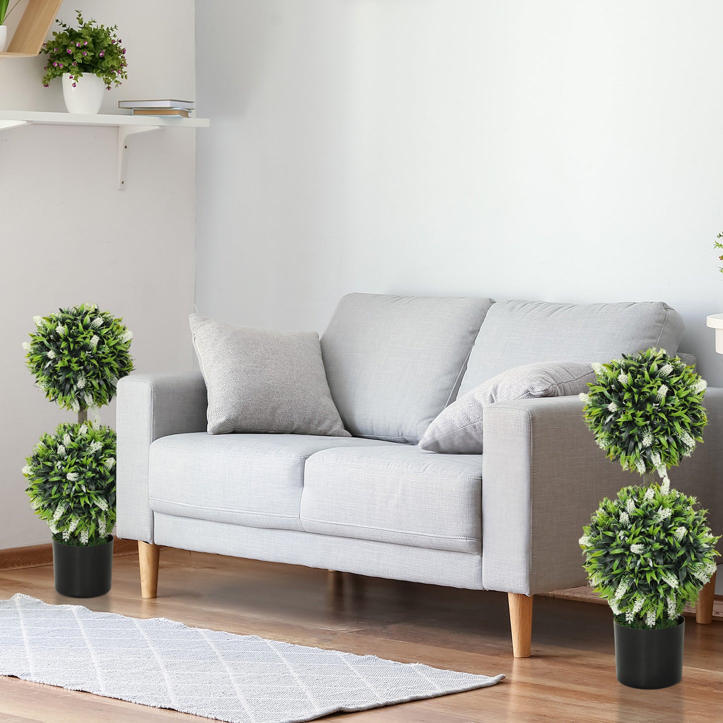 HOMCOM Set Of 2 Decorative Artificial Lavender Ball Topiary Trees In Pots For Indoor Outdoor Decor 70cm White