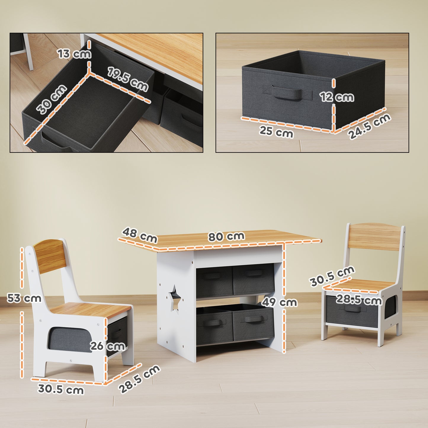 AIYAPLAY Kids Table and Chair Set With 2 Chairs 6 Removable Drawers For Ages 3 To 8 Natural Finish