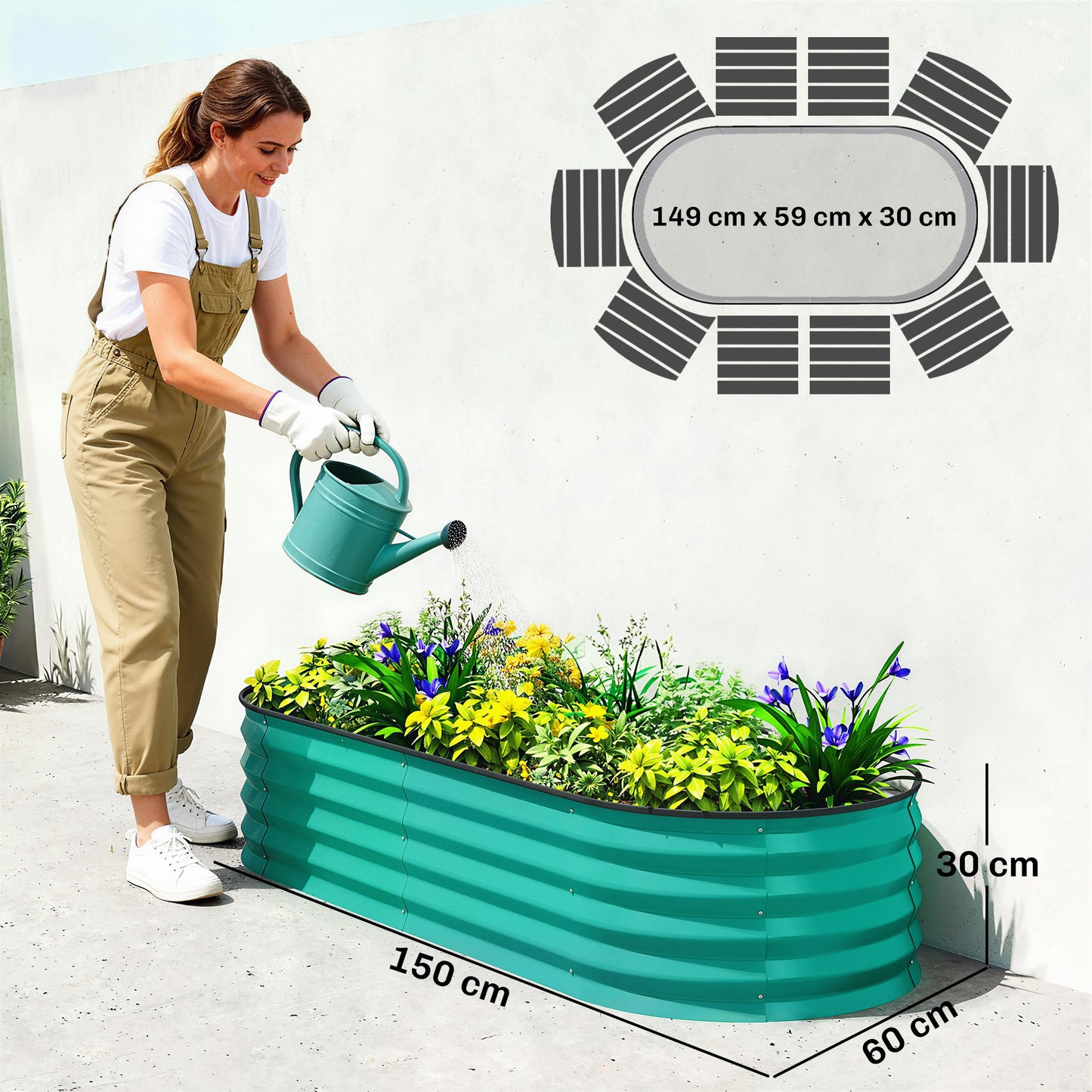 Outsunny Set of Two 150 x 60cm Galvanised Steel Planters in Green for Outdoor Gardens