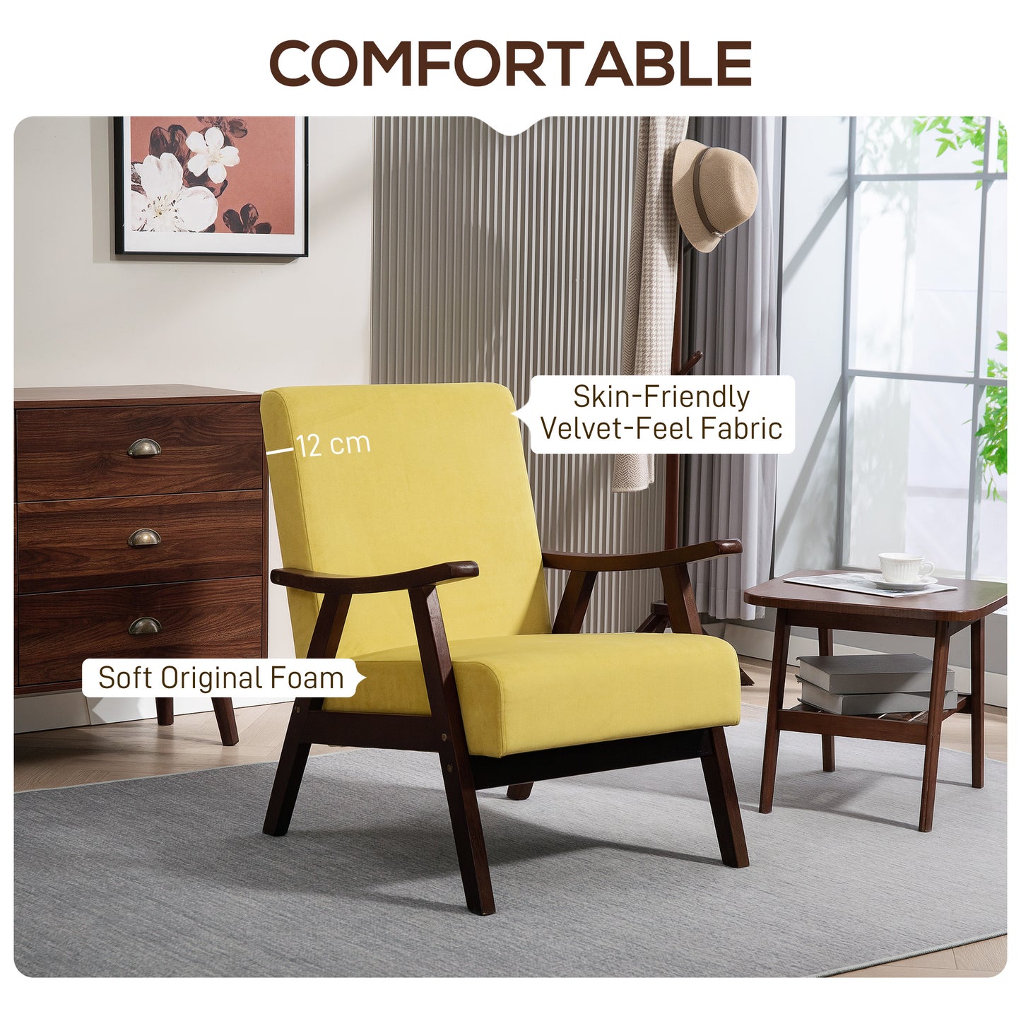 HOMCOM Nordic Velvet Armchair With Solid Wood Frame And Soft Thick Padding In Champagne For Living Room And Bedroom