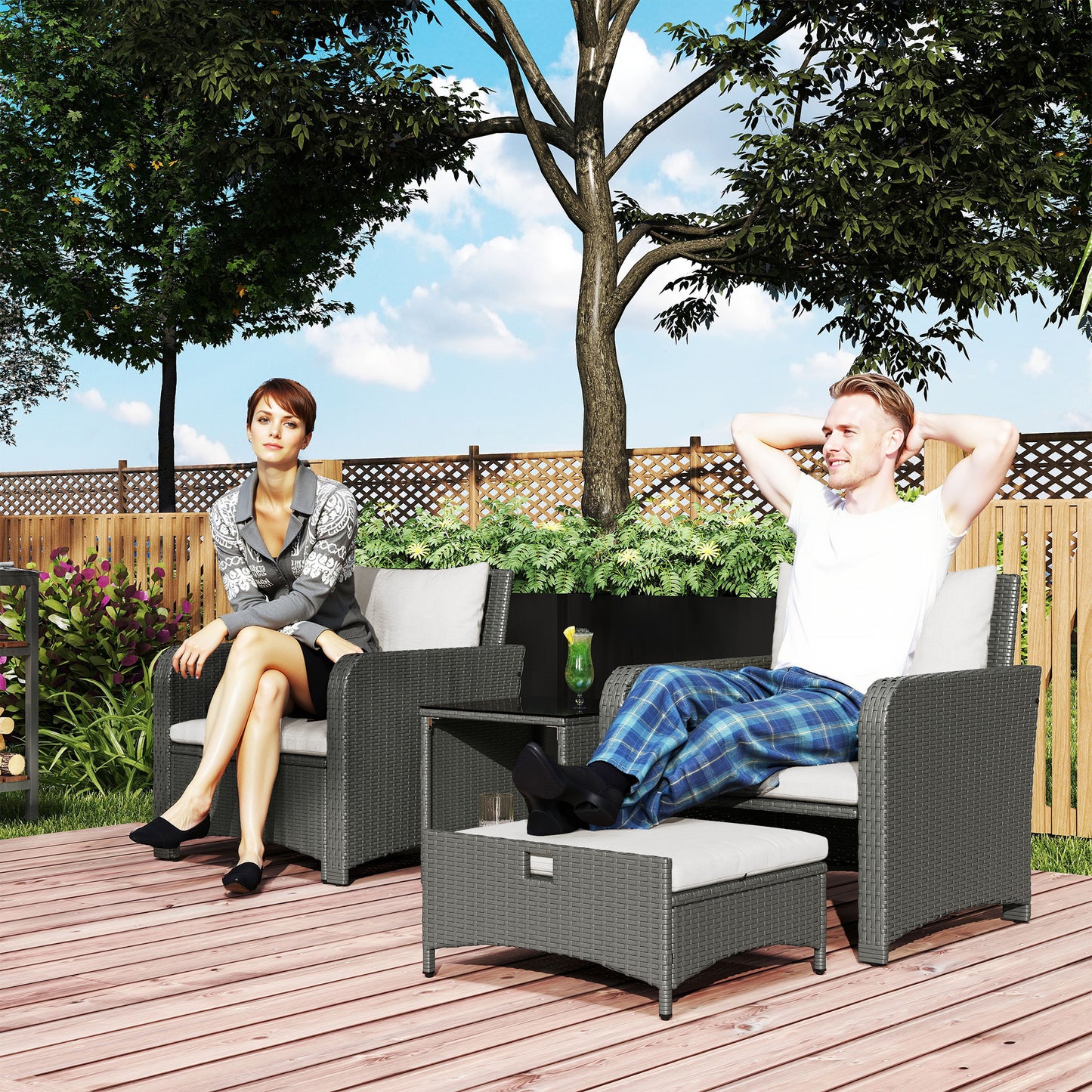 Outsunny Five Piece Rattan Garden Furniture Set With Two Tier Coffee Table And Ottomans Cream White
