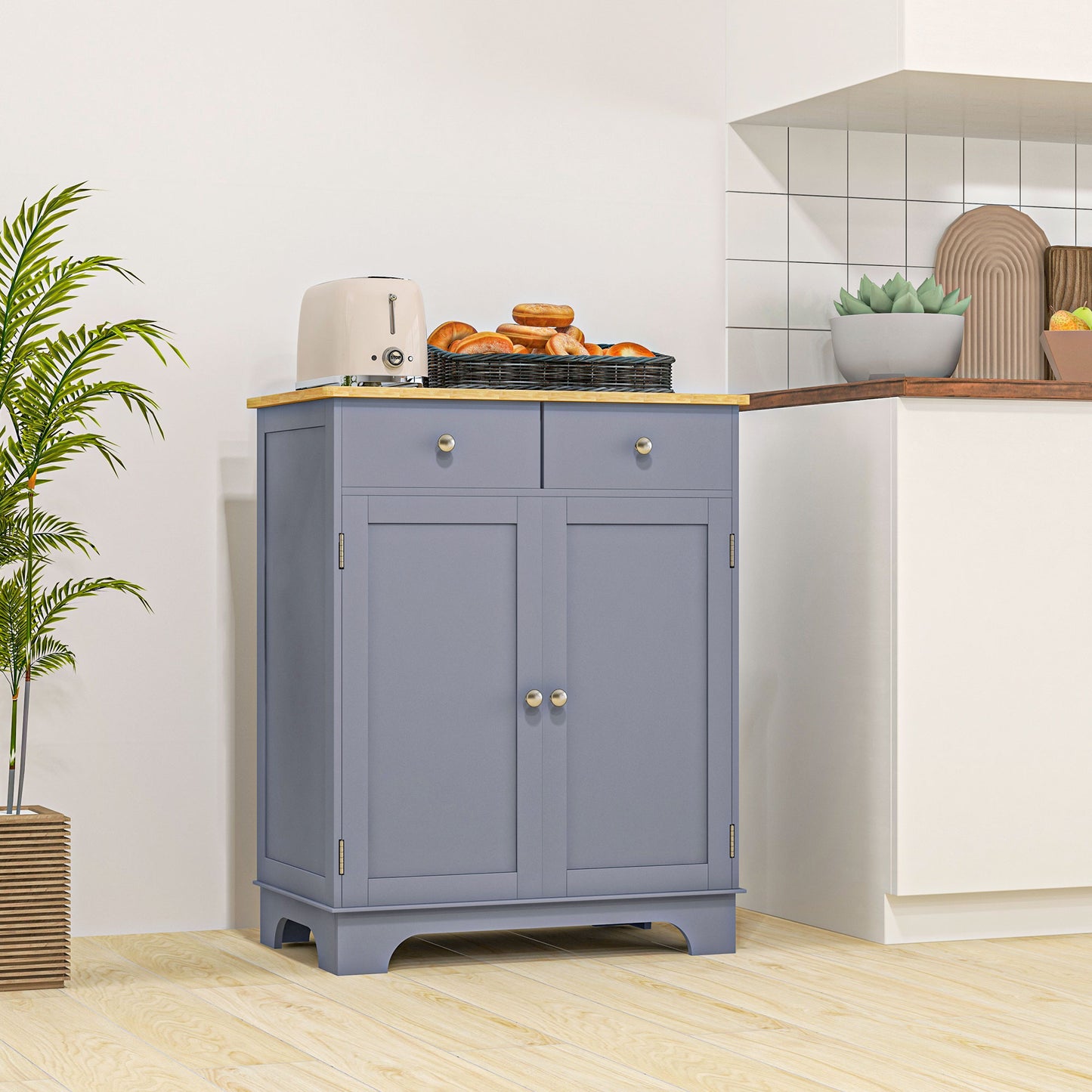 HOMCOM Side Storage Sideboard Table Kitchen Floor Cabinet With Solid Wood Top Drawer And Adjustable Shelf Grey
