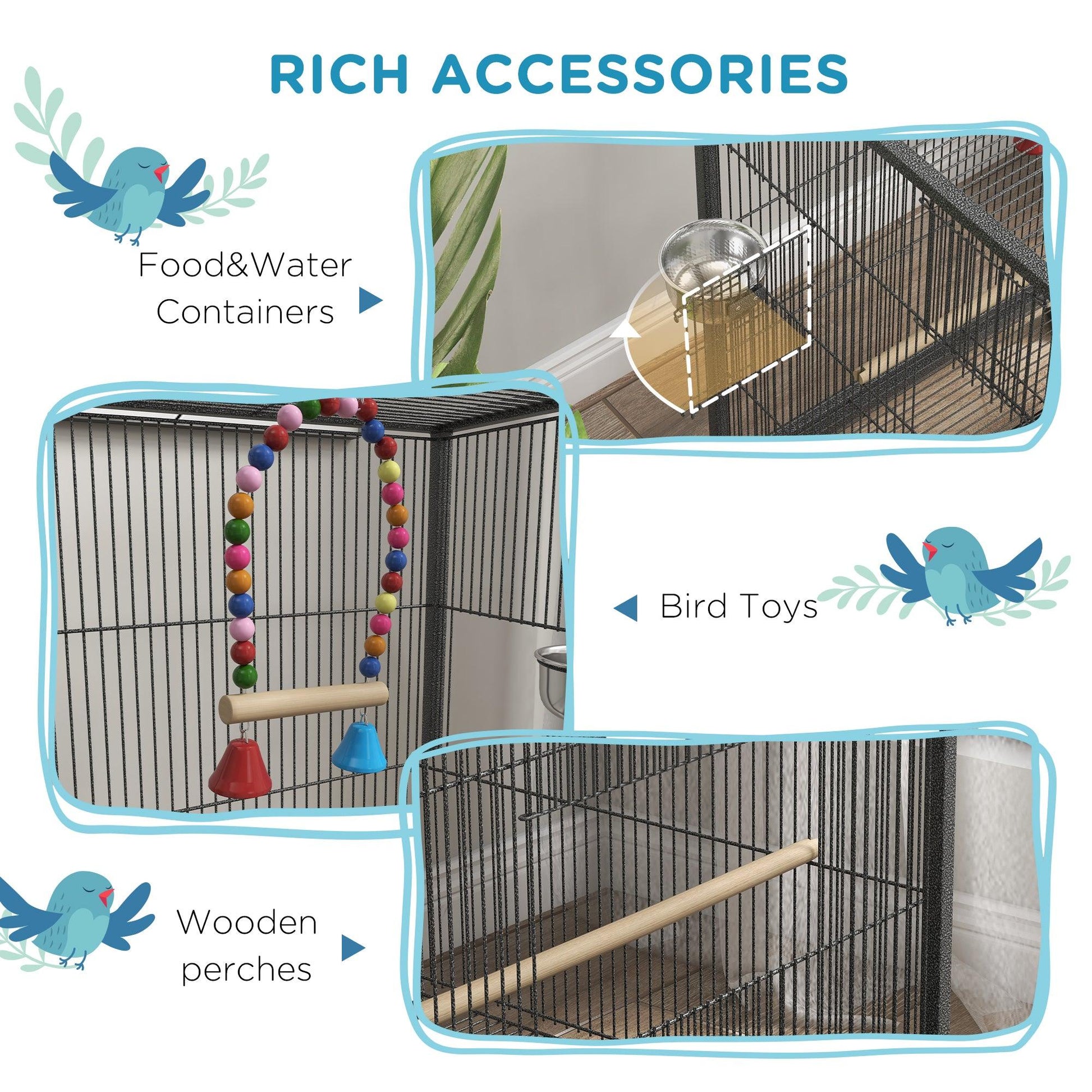 PawHut Bird Cage with Rolling Stand for Small Birds - Grey - ALL4U RETAILER LTD