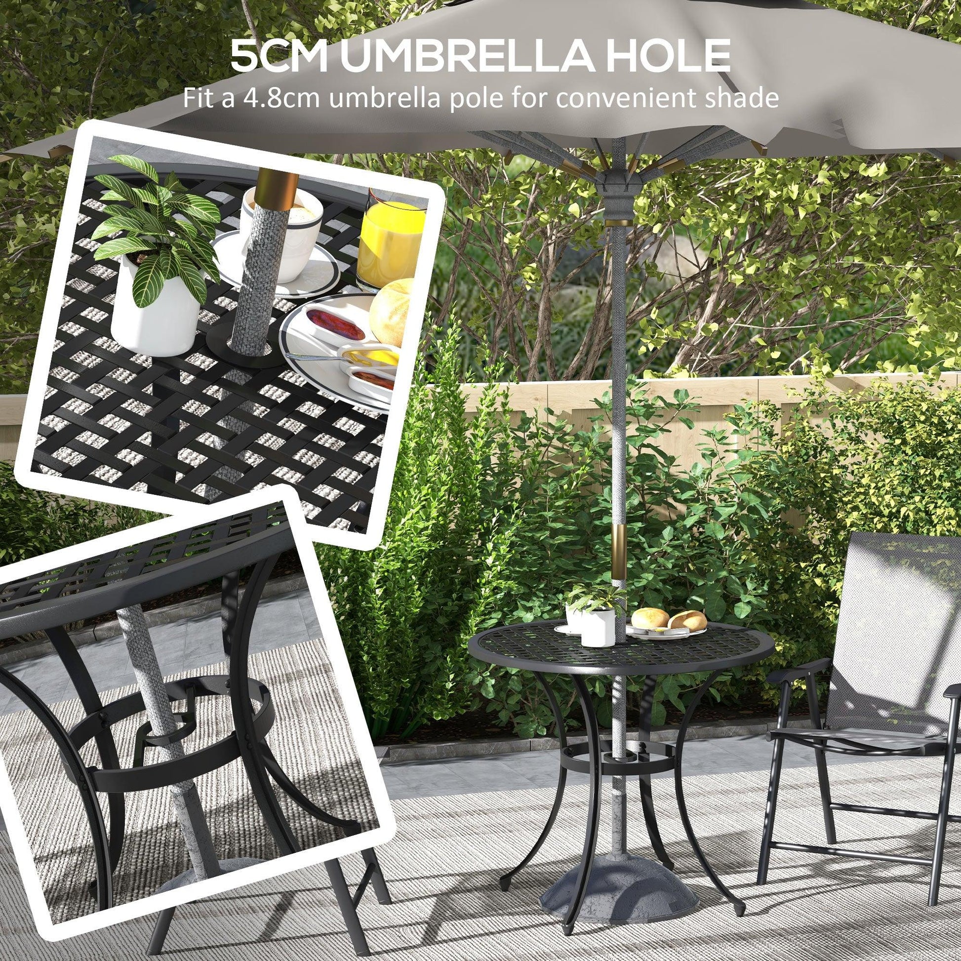 Outsunny Cast Aluminium Bistro Table with Umbrella Hole, 85cm Round Garden Table, Patio Table for Balcony, Poolside, Black - ALL4U RETAILER LTD