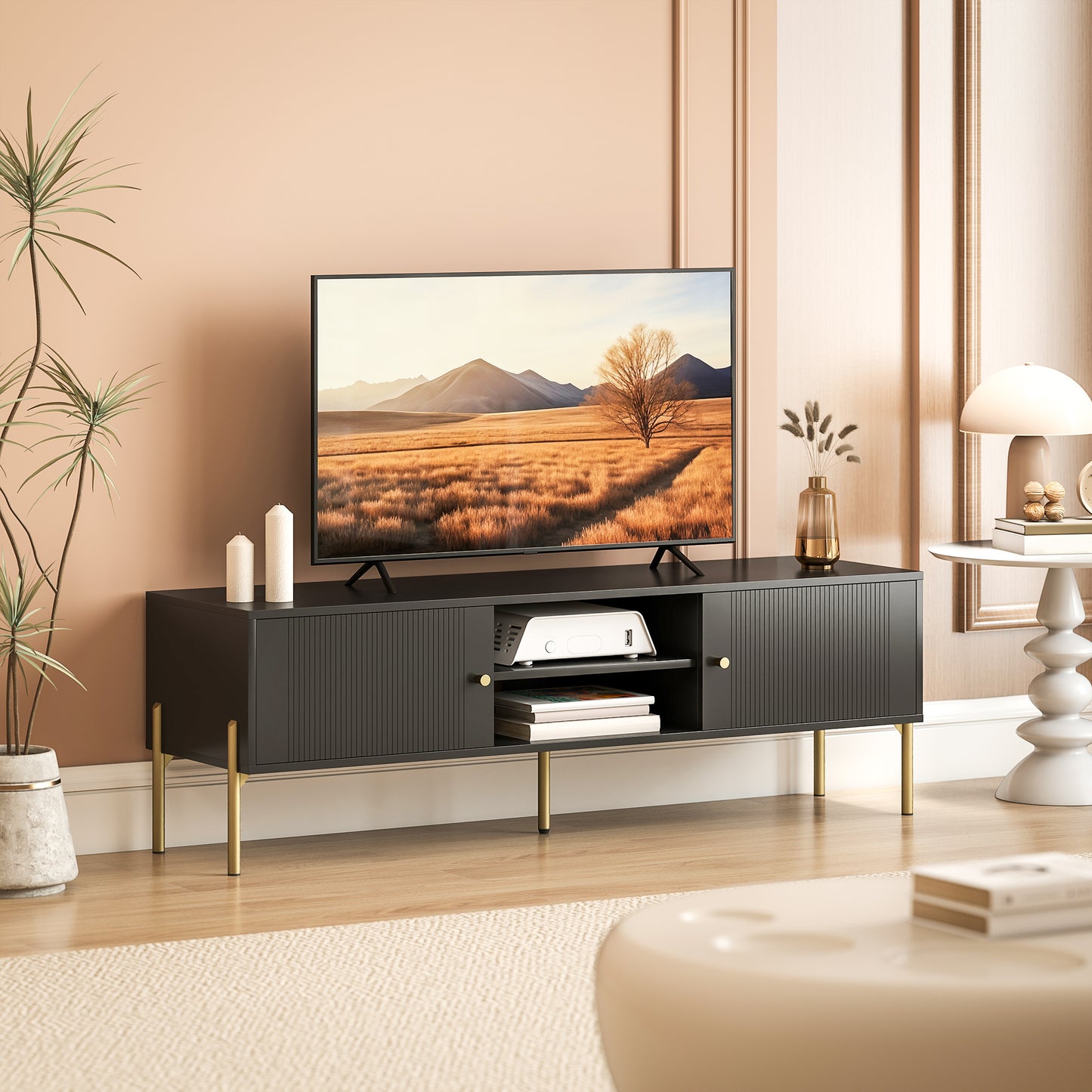 HOMCOM TV Stand for 65 Inch TVs Entertainment Center With Two Open Shelves And Two Cabinets Steel Legs Black