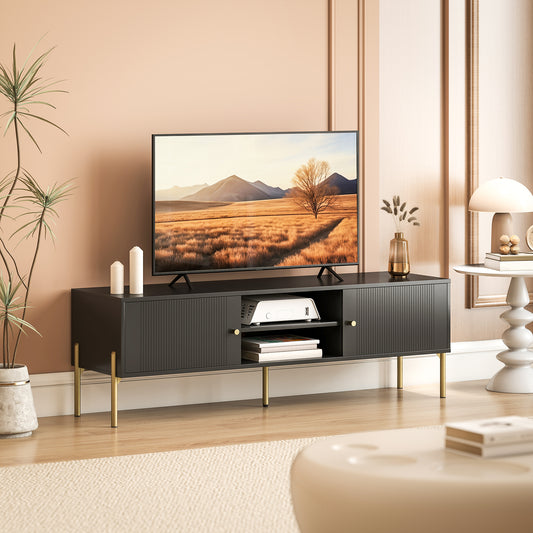 HOMCOM TV Stand for 65 Inch TVs Entertainment Center With Two Open Shelves And Two Cabinets Steel Legs Black