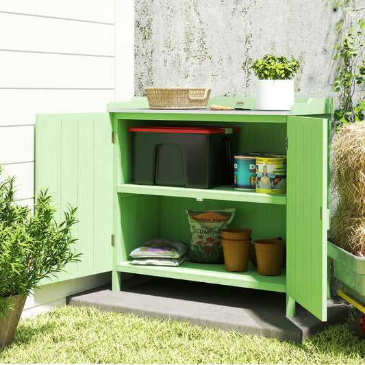 Outsunny Wood Garden Storage Cabinet Potting Bench With Galvanised Top And Two Shelves For Garden Tools And Pool Accessories Green