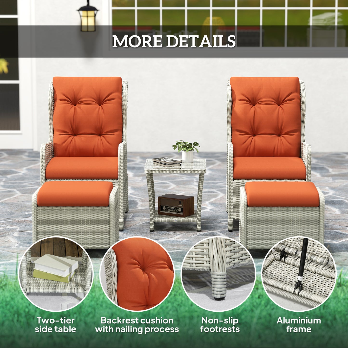 Outsunny 5 Pieces Rattan Bistro Set With Adjustable Back Reclining Cushions Outdoor Orange Footstools