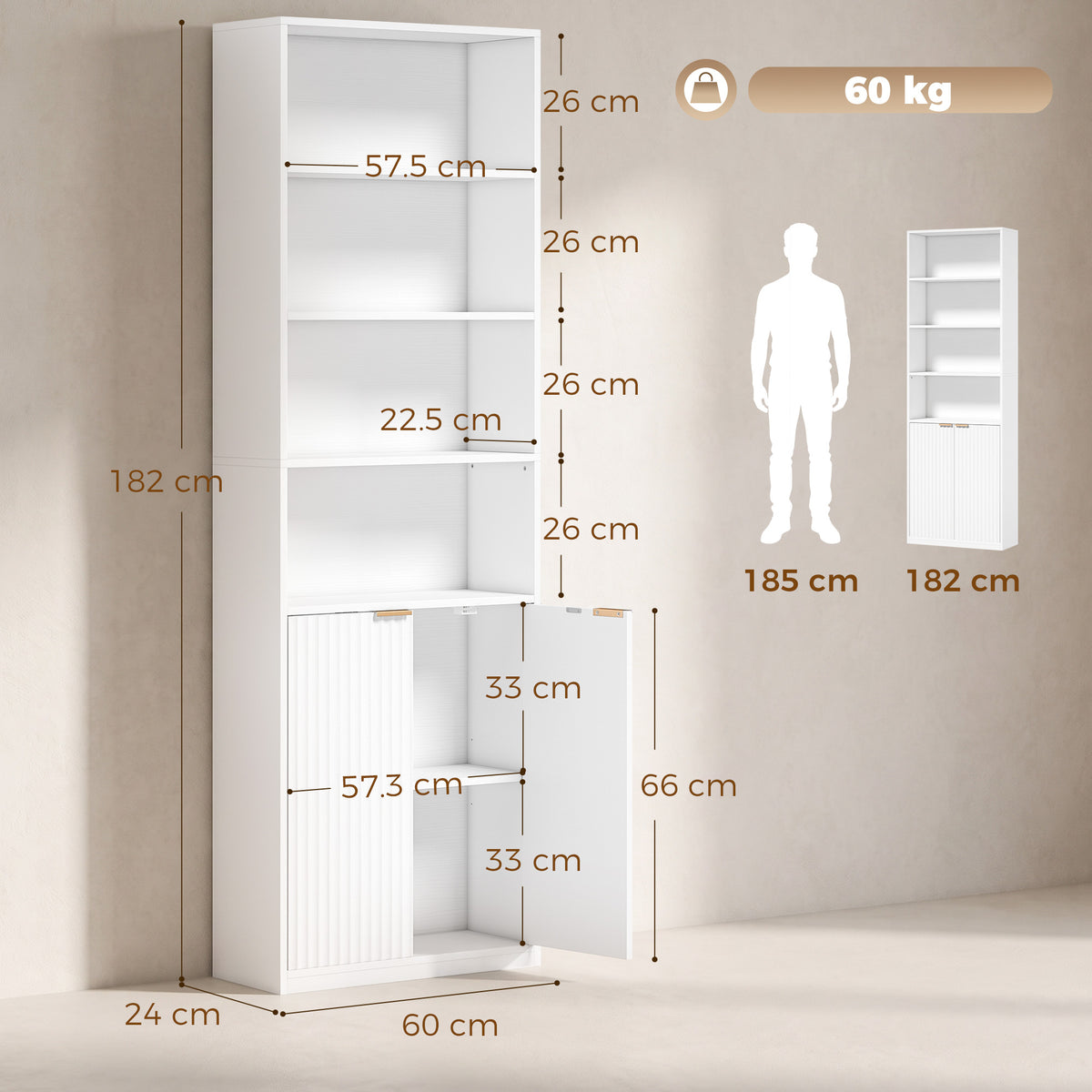 White tall bookcase cabinet with open interior shelves and double doors, front view.