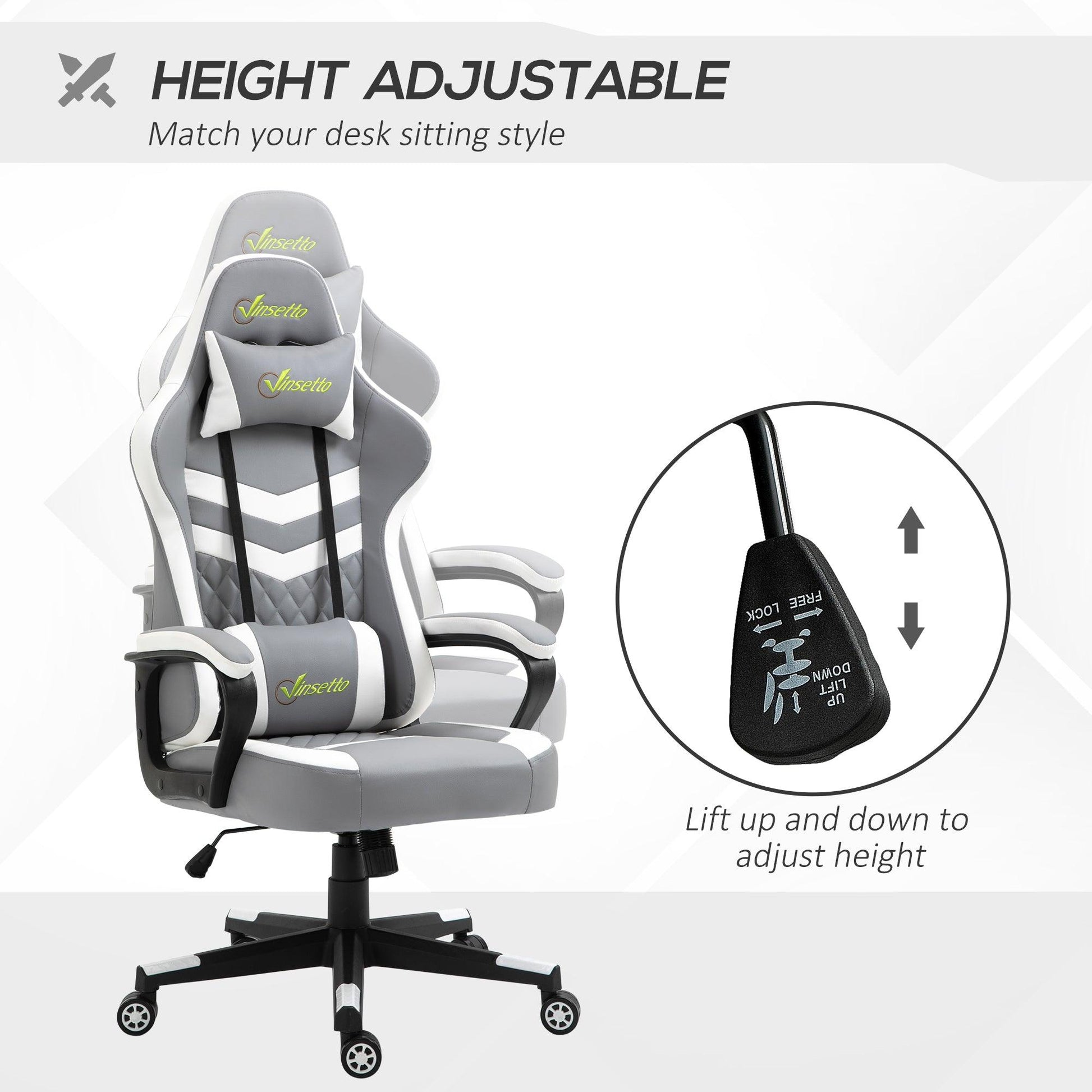 Vinsetto Racing Gaming Chair with Lumbar Support and Swivel Wheels in Grey White - ALL4U RETAILER LTD