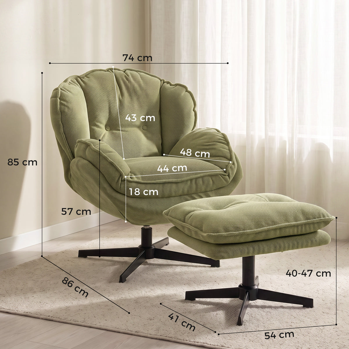 Green swivel armchair with padded seat and matching footstool on black pedestal base