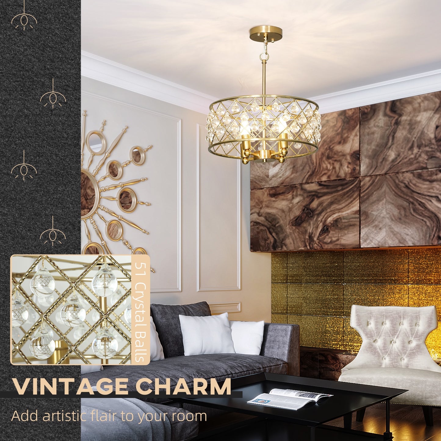 HOMCOM 51 Crystallite Four Bulb Chandelier Gold Tone With Adjustable 130 Cm Chain And Sparkling Crystal Balls