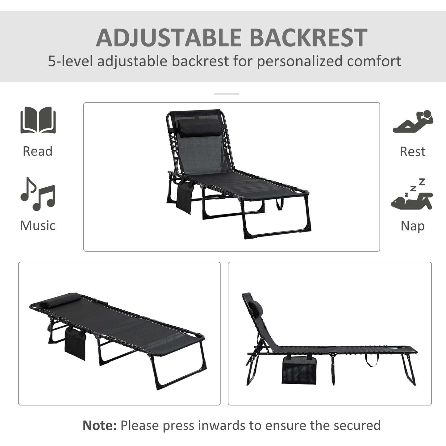 Outsunny Set of 2 Folding Reclining Sun Loungers with Adjustable Backrest and Side Pocket, Portable Camping Bed Chair for Beach, Garden, and Pool, Black - ALL4U RETAILER LTD