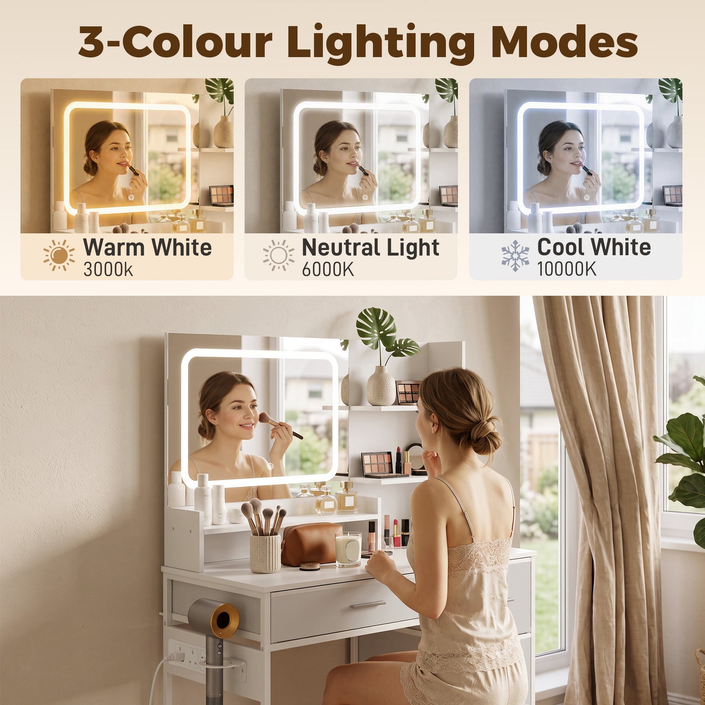 HOMCOM Vanity Desk With LED Mirror, 4 Drawers, 5 Shelves, Power Outlet