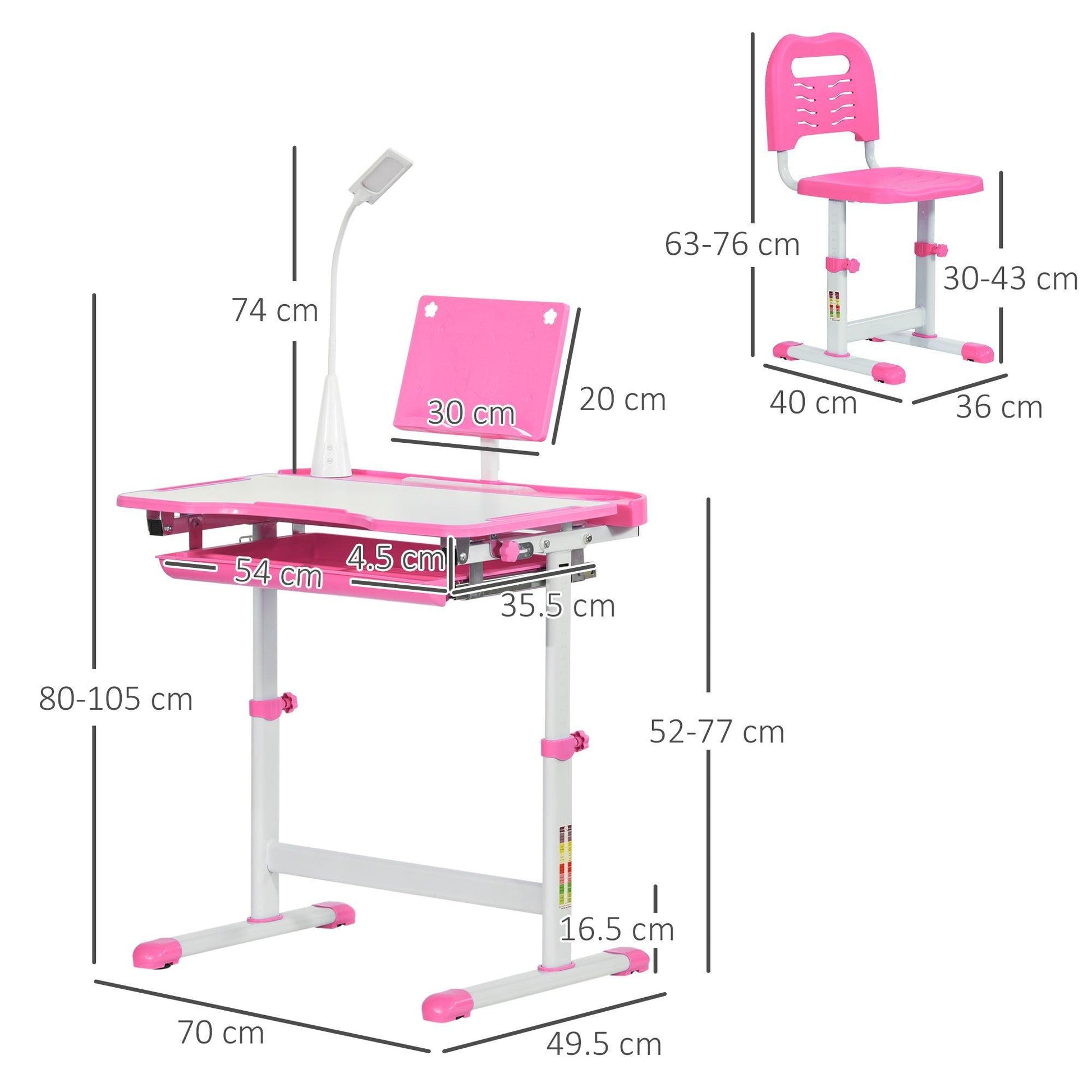 HOMCOM Kids Study Desk Set - Adjustable, USB Lamp - Pink/White - ALL4U RETAILER LTD