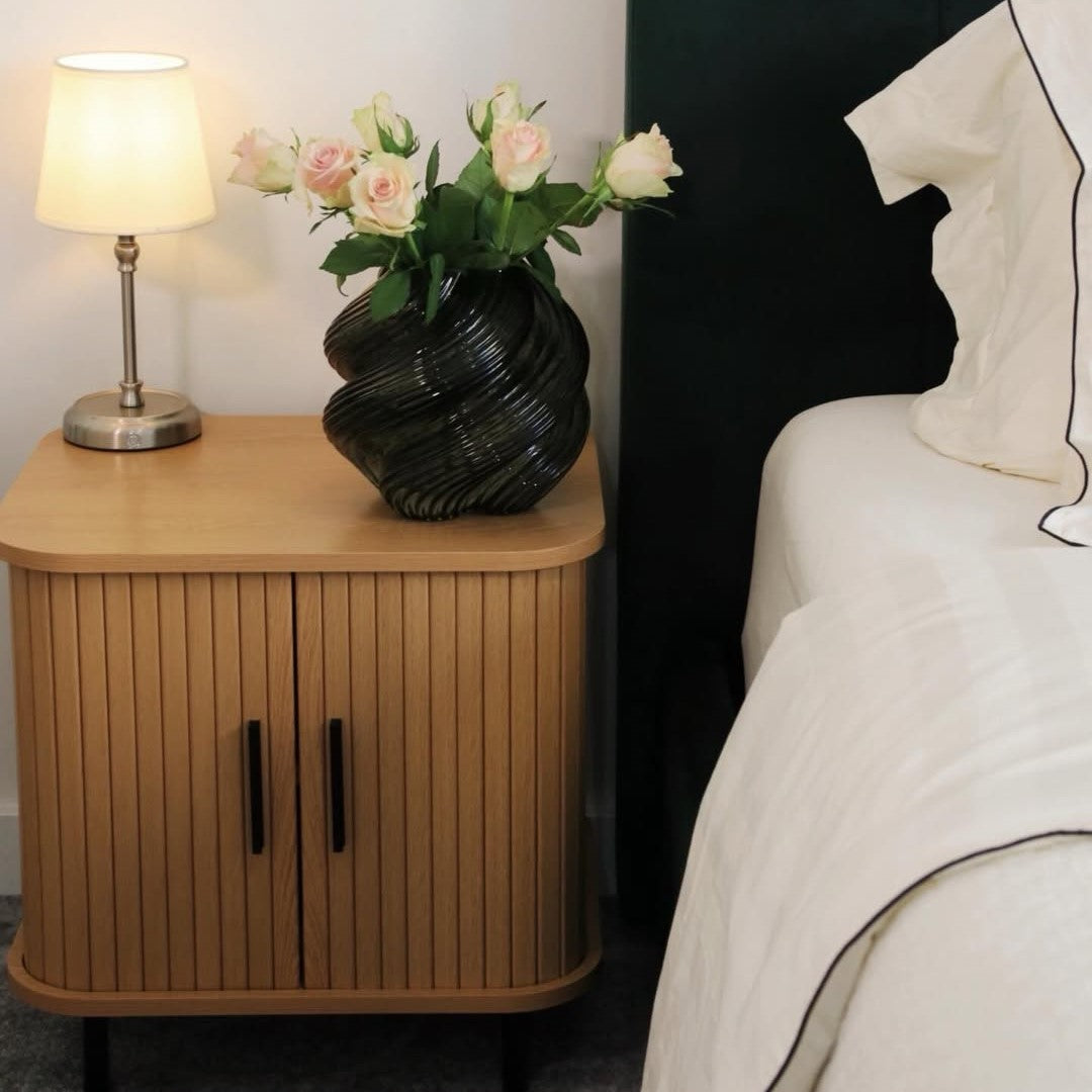 HOMCOM Nightstand With Sliding Doors And Metal Legs Oak Tone Nordic Style Bedside Table With 2 Tier Storage