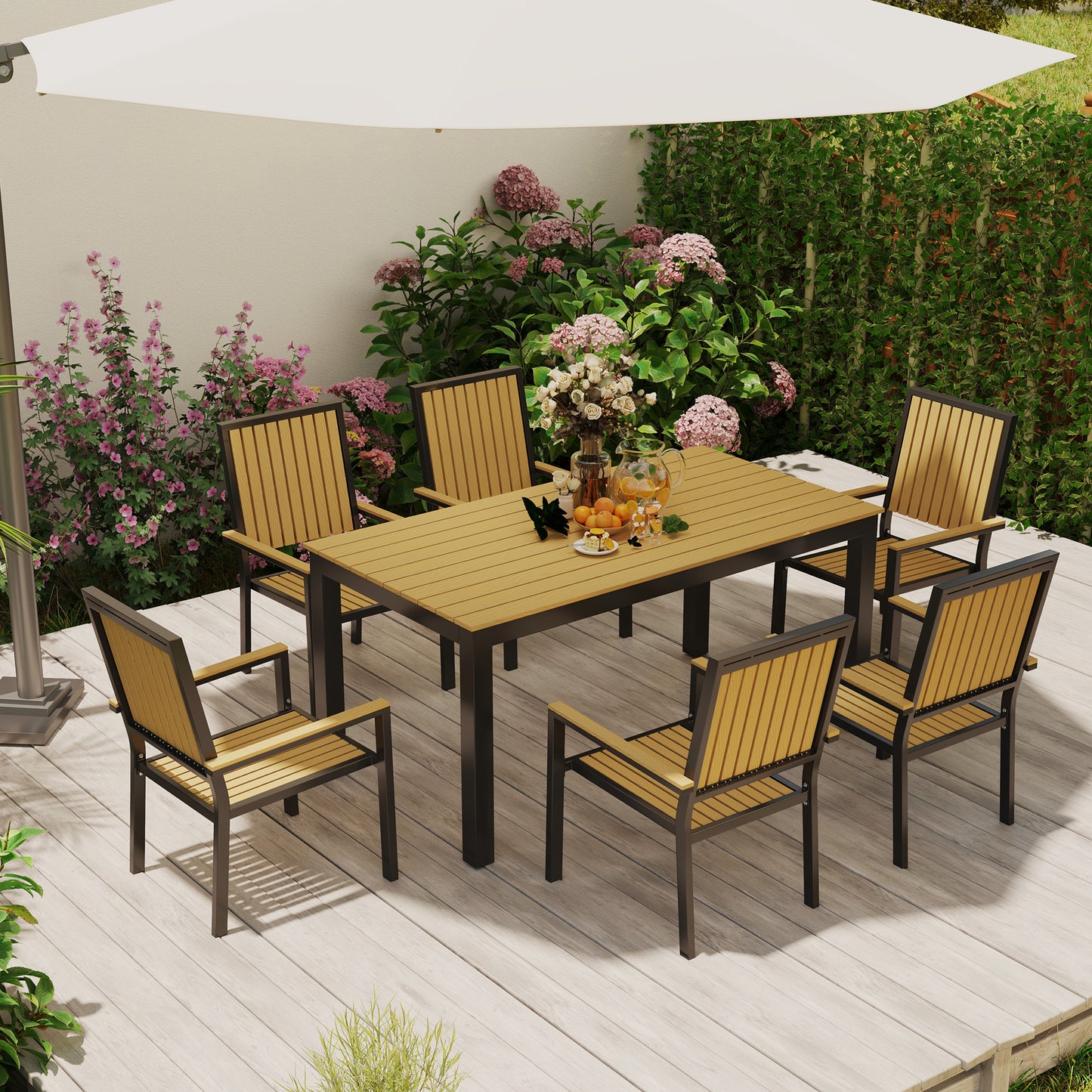 Outsunny 6 Seater Garden Dining Set With Aluminium Frame Rectangular Wood Plastic Composite Top And Stackable Chairs