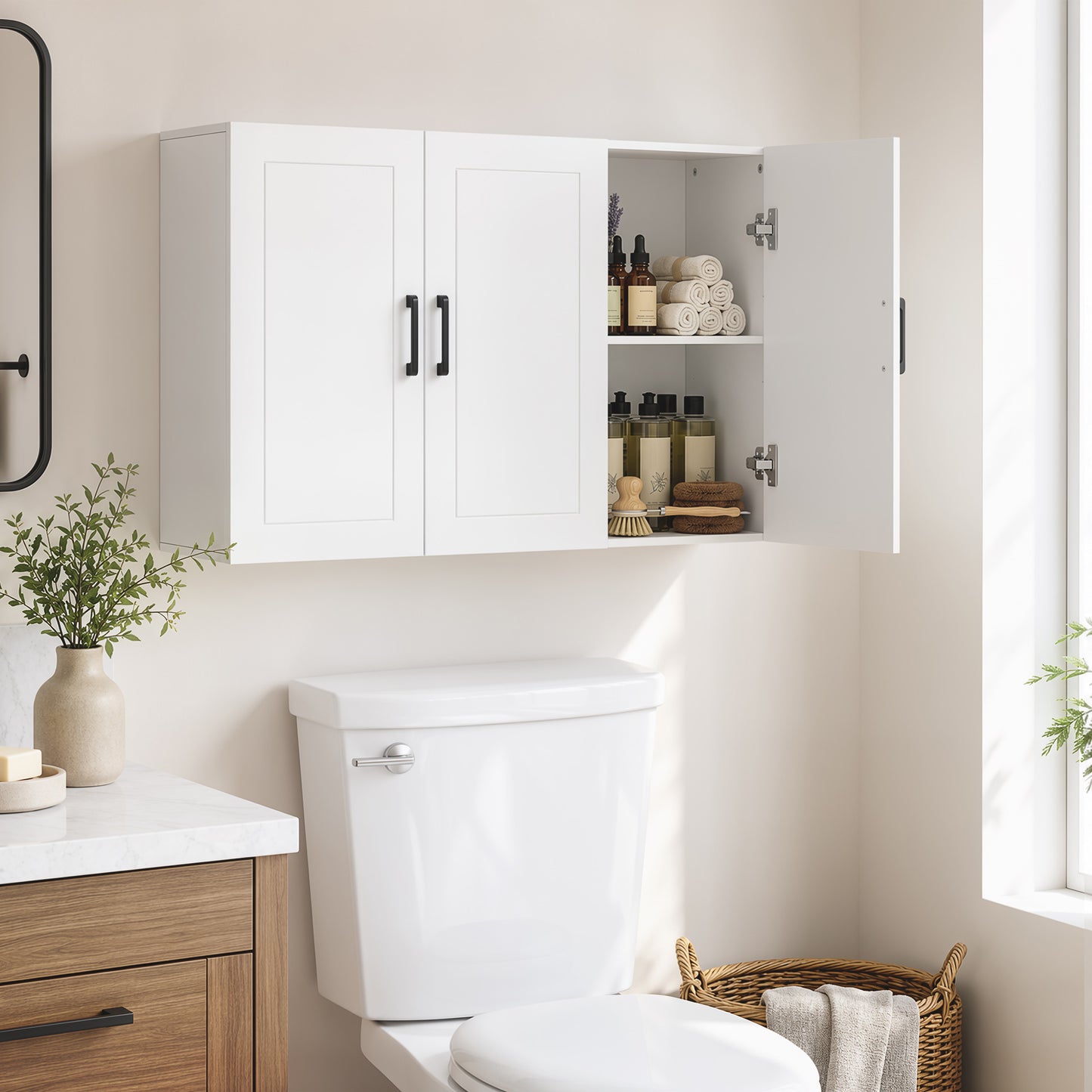 HOMCOM White Wall Cabinet For Bathroom Over Toilet Space Saver With Adjustable Shelves And Soft Close Doors
