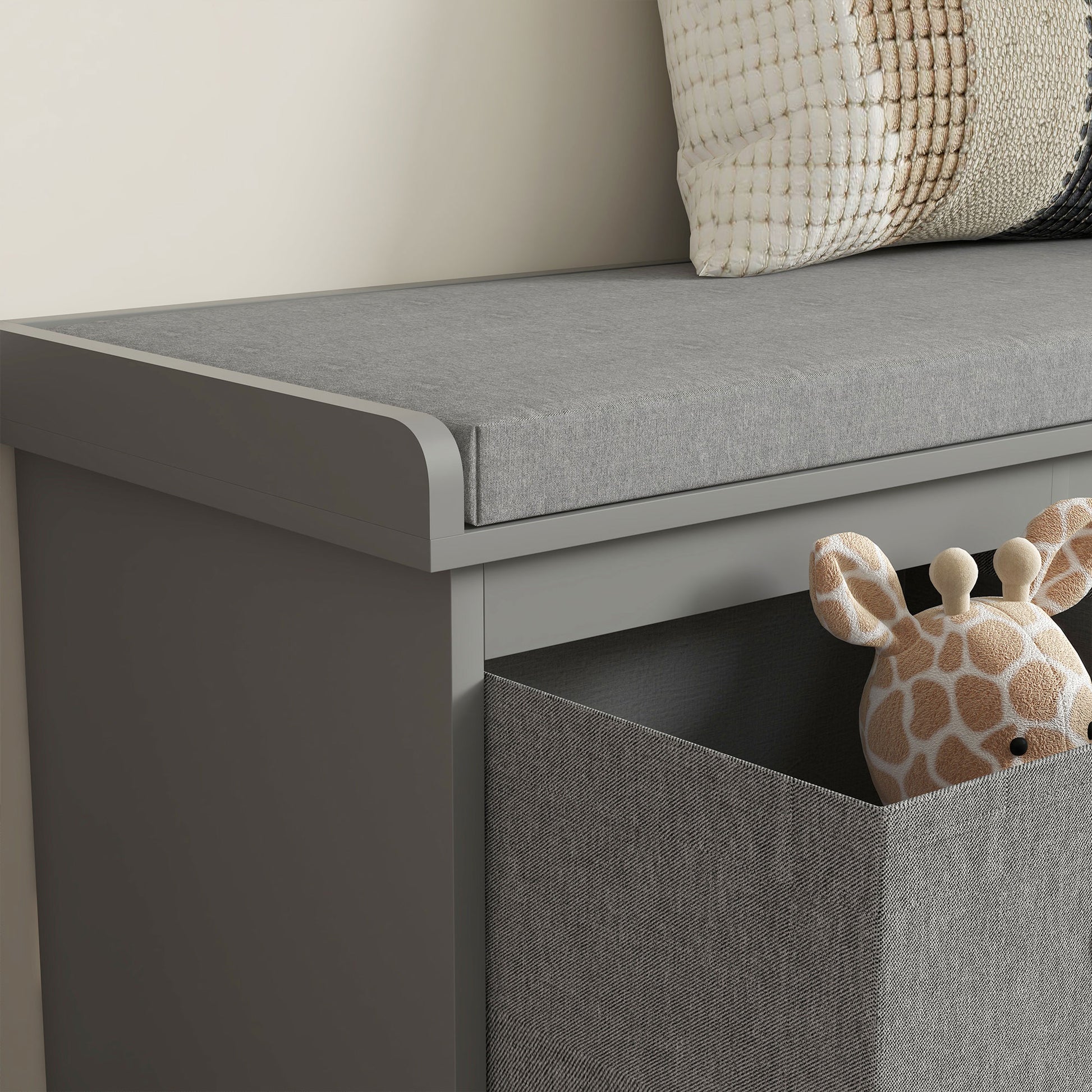 HOMCOM Contemporary Grey Shoe Storage Bench with Cushion and 3 Fabric Drawers for Entryway or Living Room - ALL4U RETAILER LTD