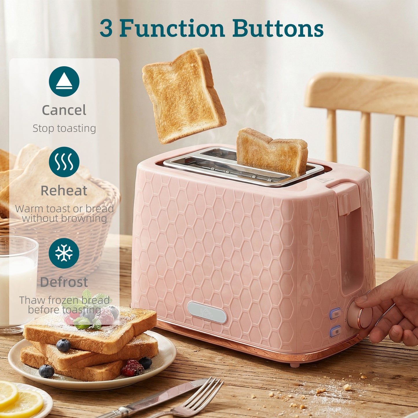 HOMCOM 1.7L 3000W Fast Boil Kettle And 2 Slice Toaster Set With Auto Shut Off Browning Controls Honeycomb Light Pink