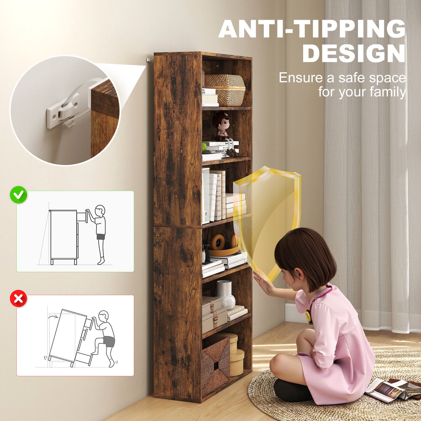 HOMCOM Six Shelf Bookcase Rustic Brown With Four Adjustable Shelves And Melamine Finish