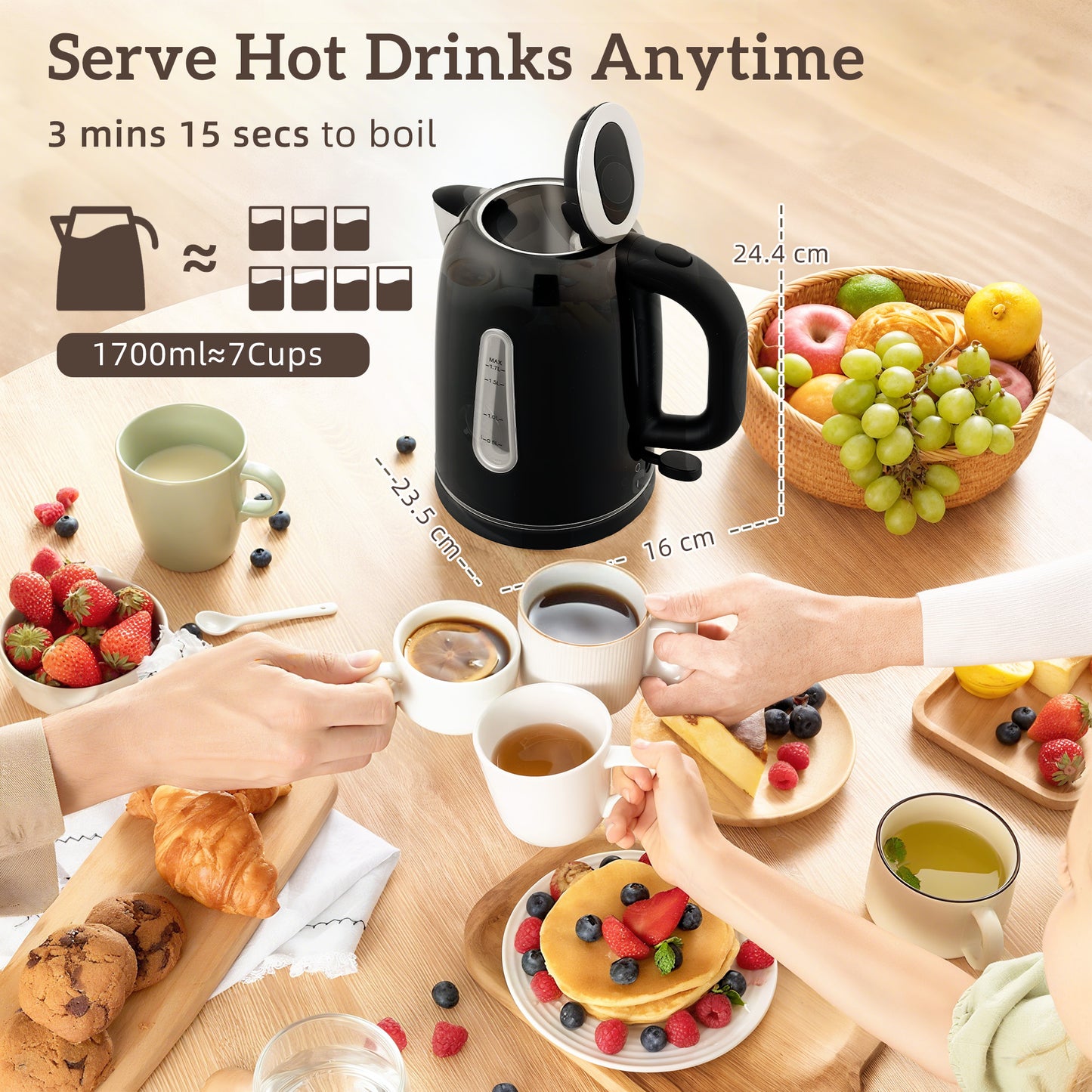 HOMCOM Kettle and Toaster Set 1.7L 3000W Rapid Boil Kettle with Limescale Filter 4 Slice Toaster LED Strip Black