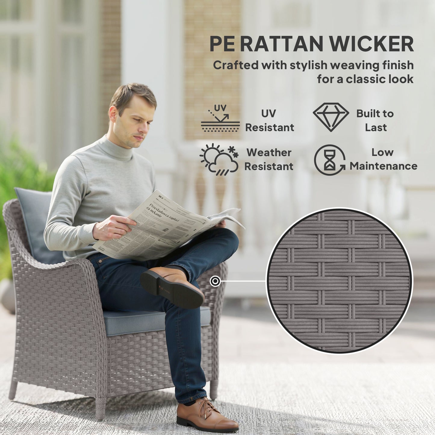 Outsunny Rattan Garden Chairs Set 2 With Cushions High Back Armrests PE Wicker Steel Frame Balcony Porch Light Grey