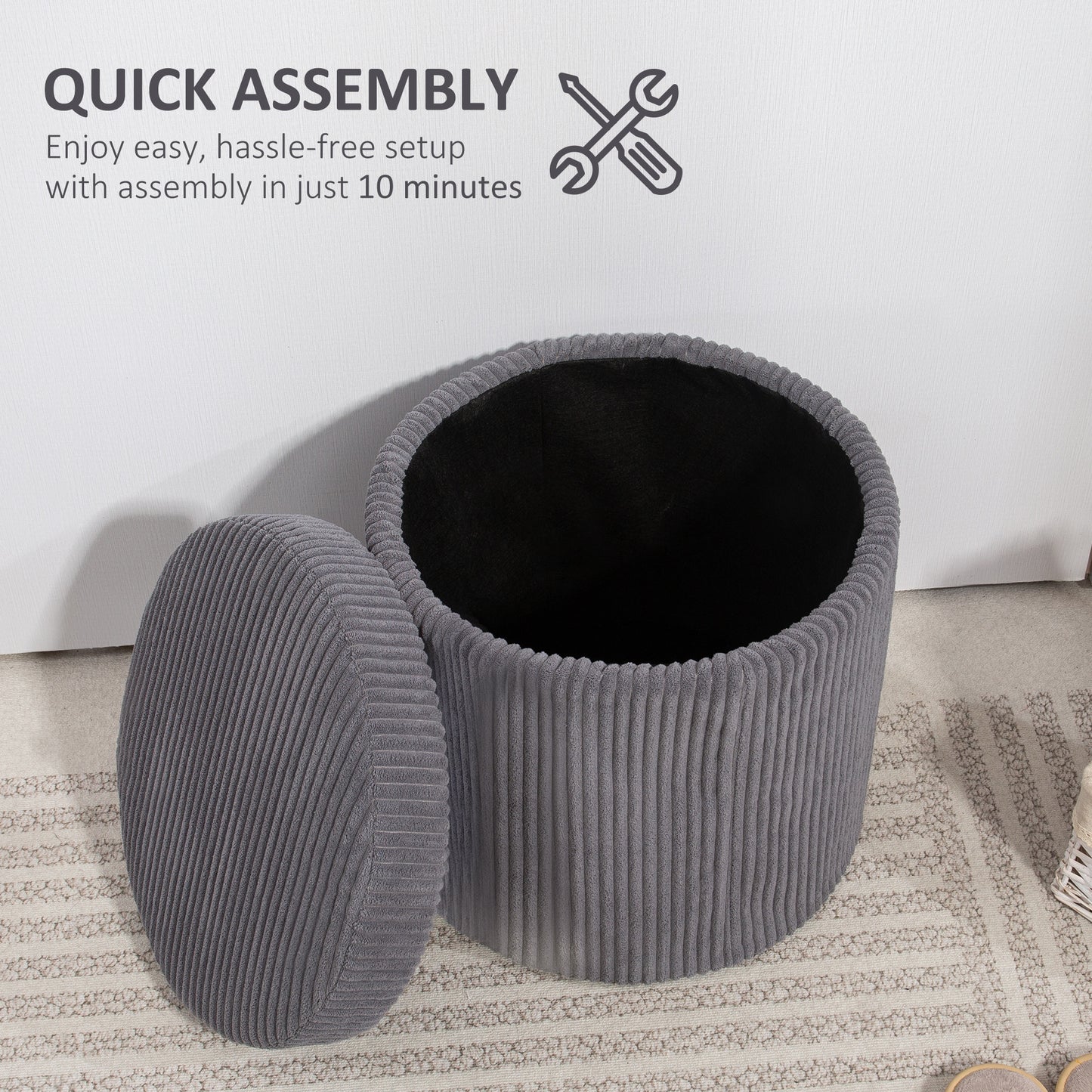 HOMCOM 40cm Storage Ottoman Corduroy Footstool With Removable Lid And Legs Vanity Stool For Living Room Bedroom Grey