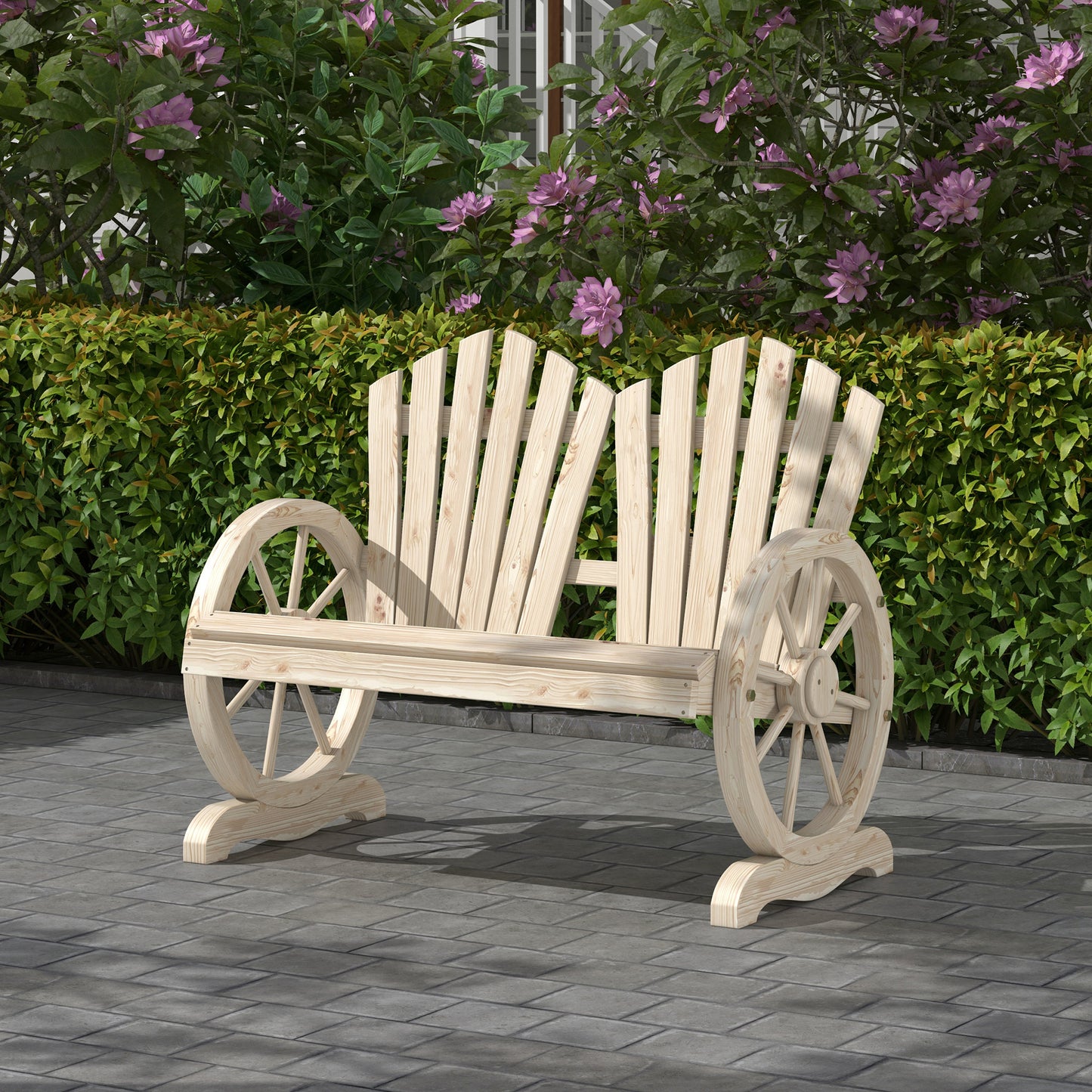 Outsunny Fir Wood Love Seat With Wheel Shaped Armrests Outdoor Patio Chair For Two People Natural Wood Finish