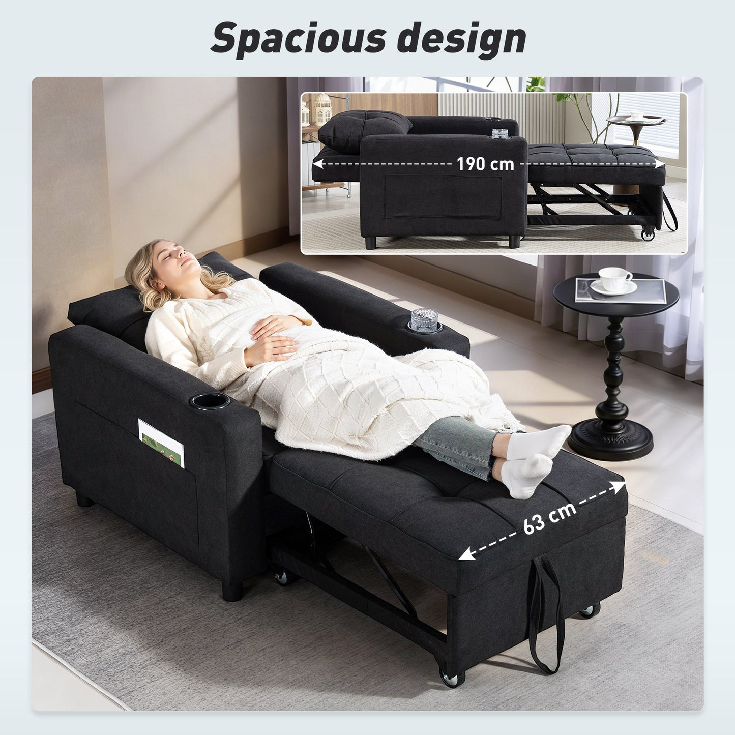 HOMCOM 3 In 1 Single Sofa Bed Convertible Sleeper Chair Bed Perfect For Small Spaces Black