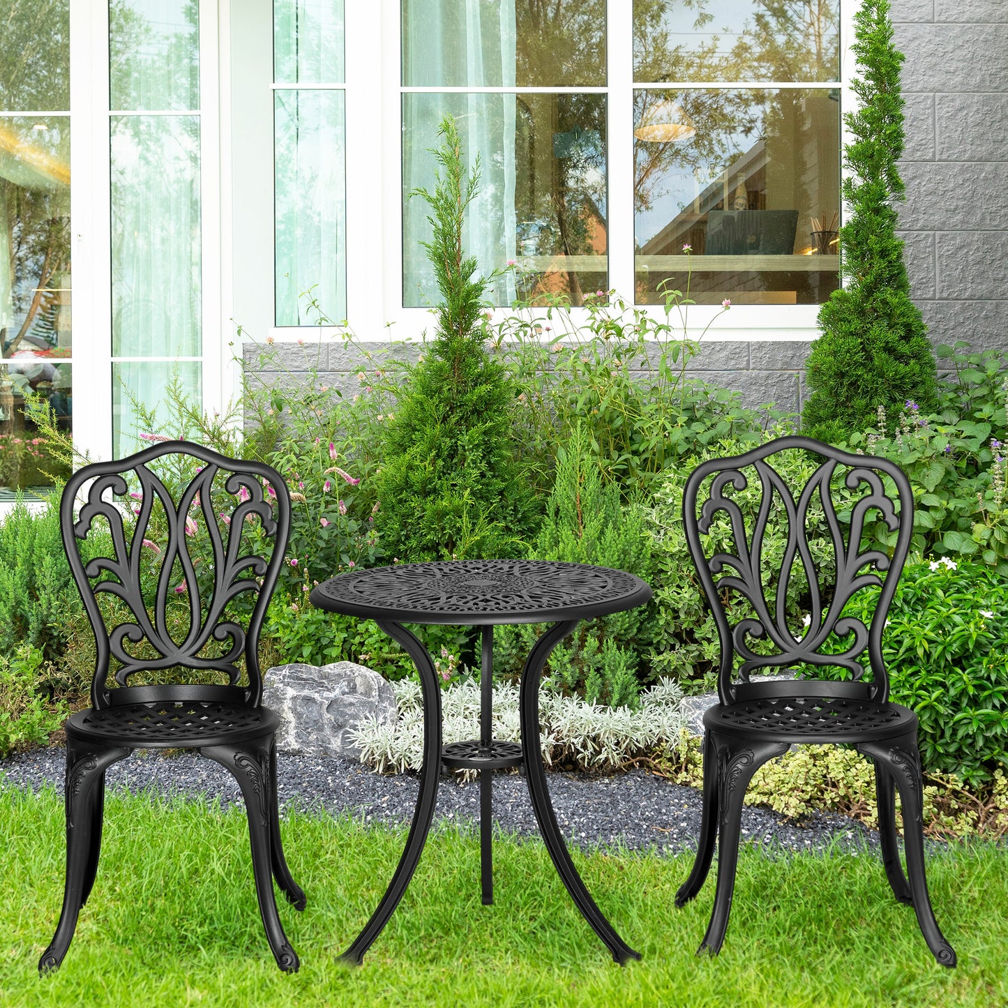 Outsunny 3 Piece Garden Bistro Set Cast Aluminium Outdoor Furniture With Umbrella Hole For Balcony Porch Patio Black