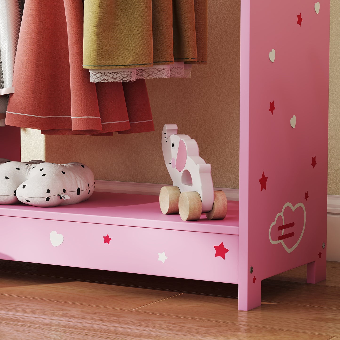 AIYAPLAY Kids Clothes Rail Wardrobe With Mirror Shelves Top Shelf Two Storage Boxes Hooks For Bedroom Nursery Pink