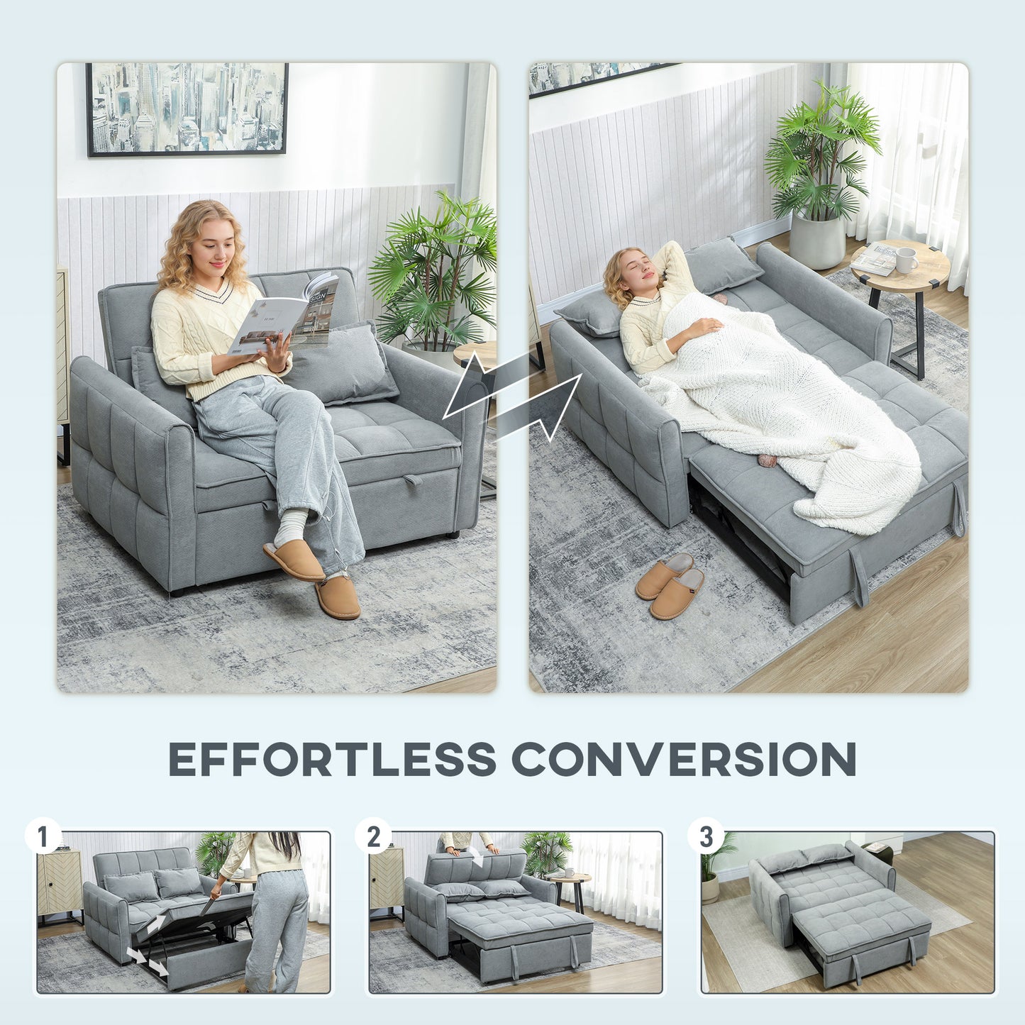 HOMCOM Two Seater Sofa Bed Three In One Convertible Sleeper Sofa With Adjustable Backrest And Two Pillows Grey