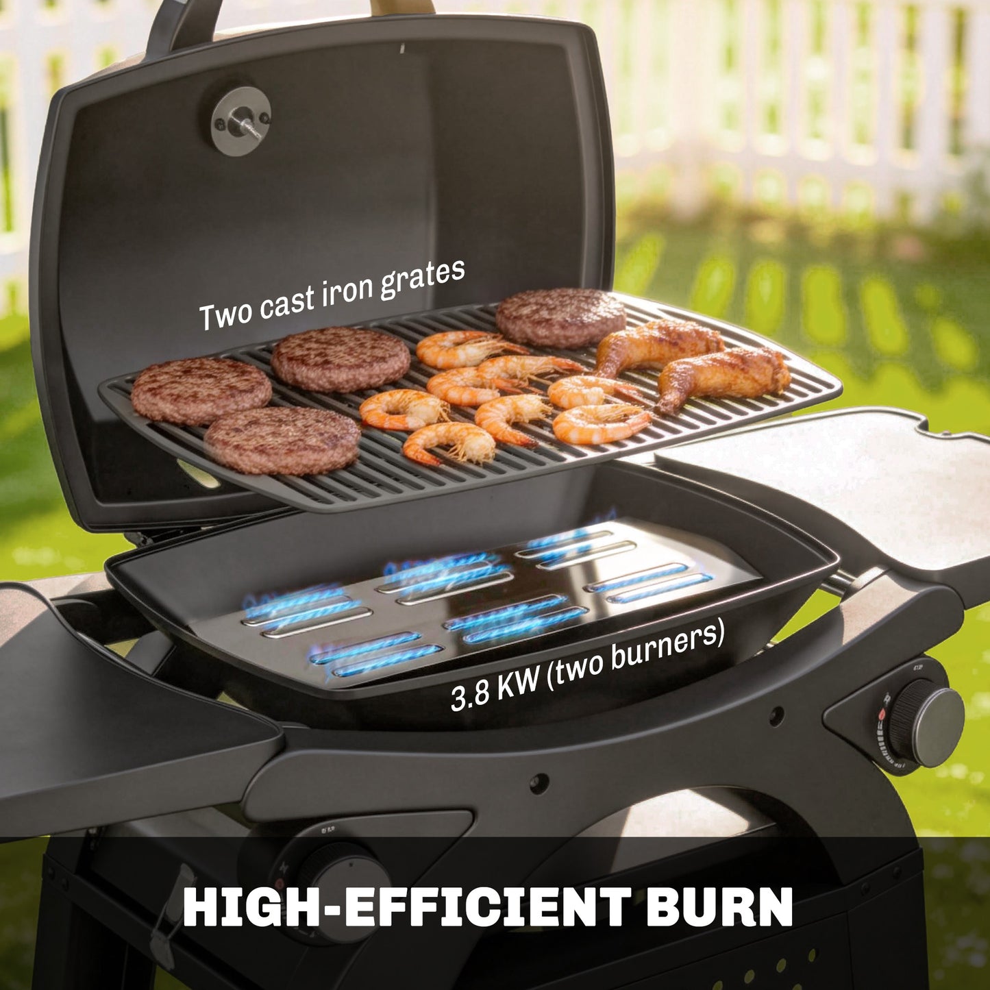 Outsunny 2 Burner Gas Grill With Side Tables And Cast Iron Grates, 3.8 KW Portable Tabletop BBQ With Wheels