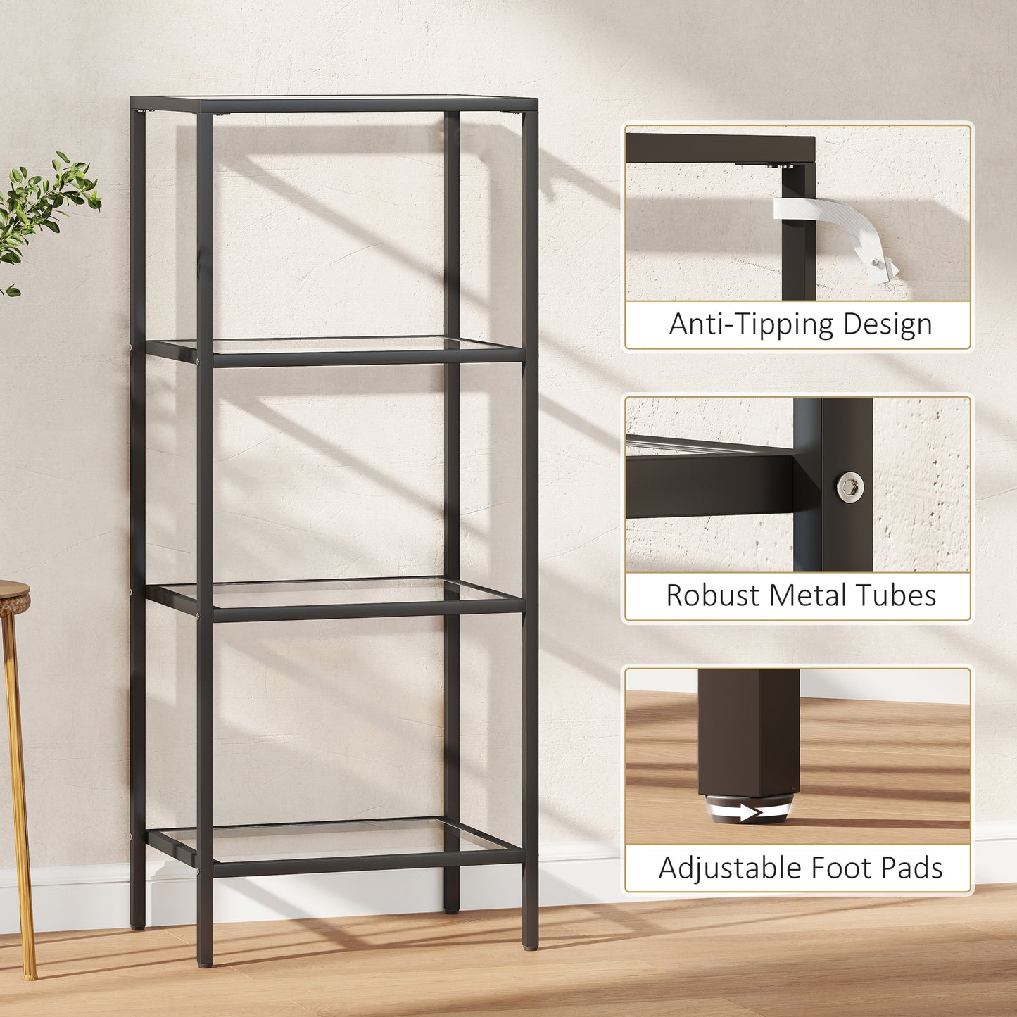HOMCOM 4-Tier Glass Shelving Unit Vertical Storage For Living Room Home Office Bedroom Bathroom Black