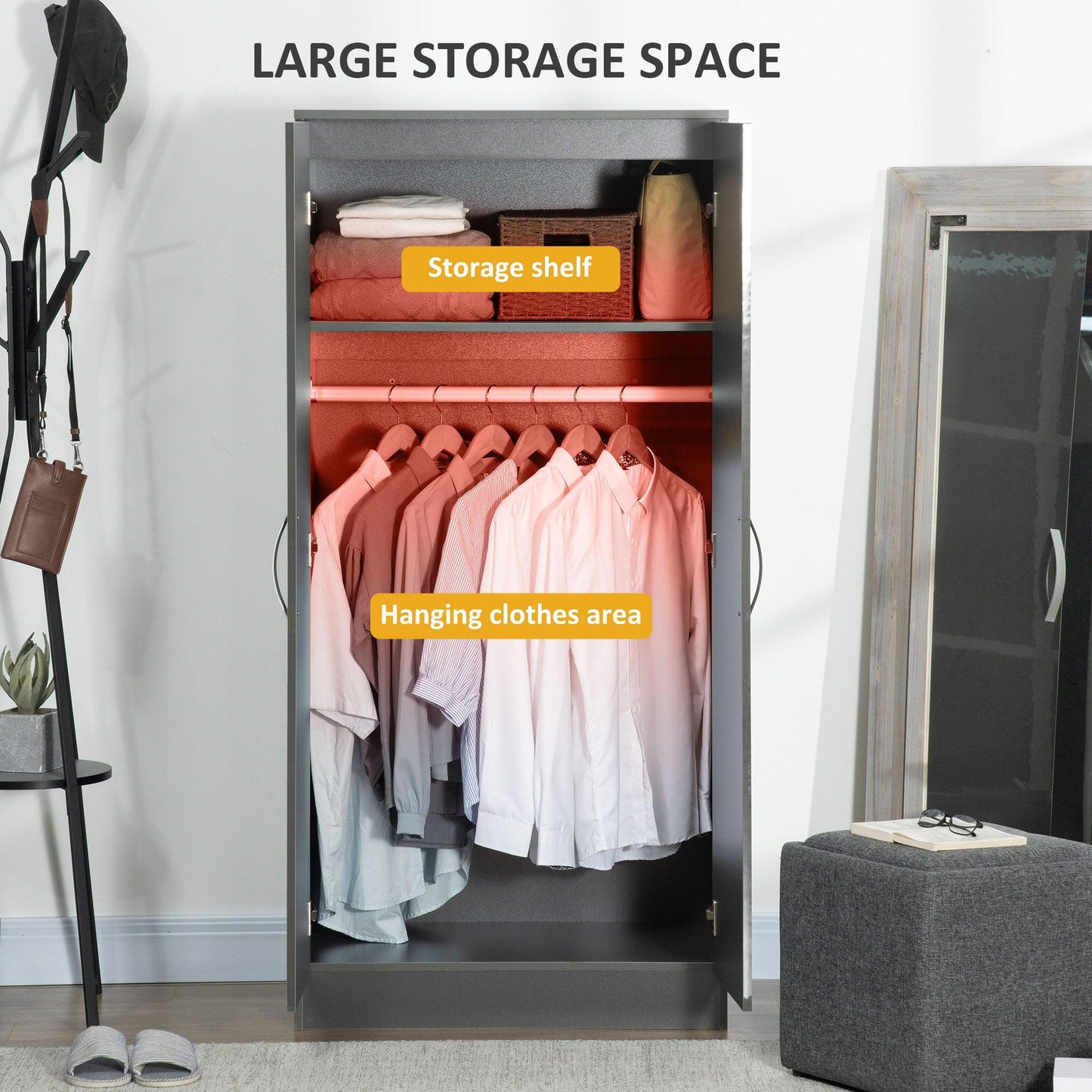 HOMCOM Modern Wardrobe Closet, Clothes Cabinet with High Glossing Door, Grey - ALL4U RETAILER LTD