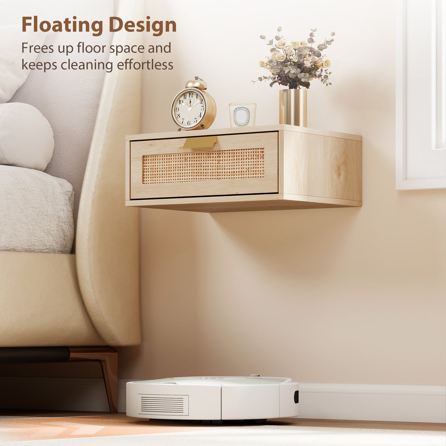 HOMCOM Floating Bedside Tables Set Of 2 Wall Mounted Cabinets With Rattan Drawer And Oak Wood Effect