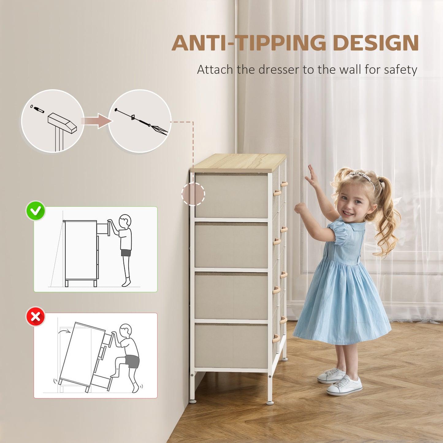 HOMCOM Fabric Chest Of Drawers With 8 Fabric Drawers Steel Frame Maple Wood Top Dresser For Nursery Living Room Hallway