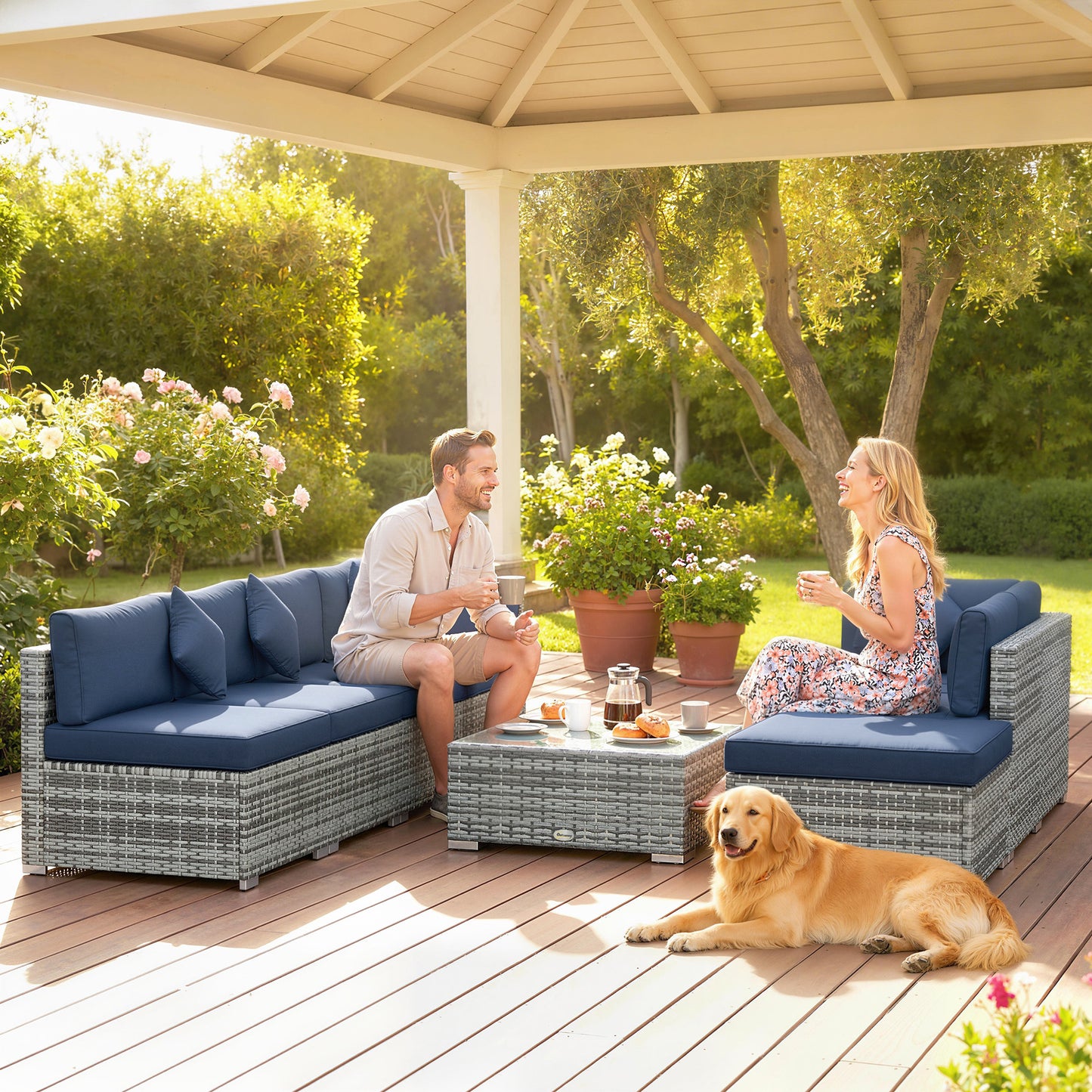 Outsunny 8 Piece PE Rattan Corner Sofa Set Outdoor Garden Furniture Patio Wicker with Cushions Dark Blue
