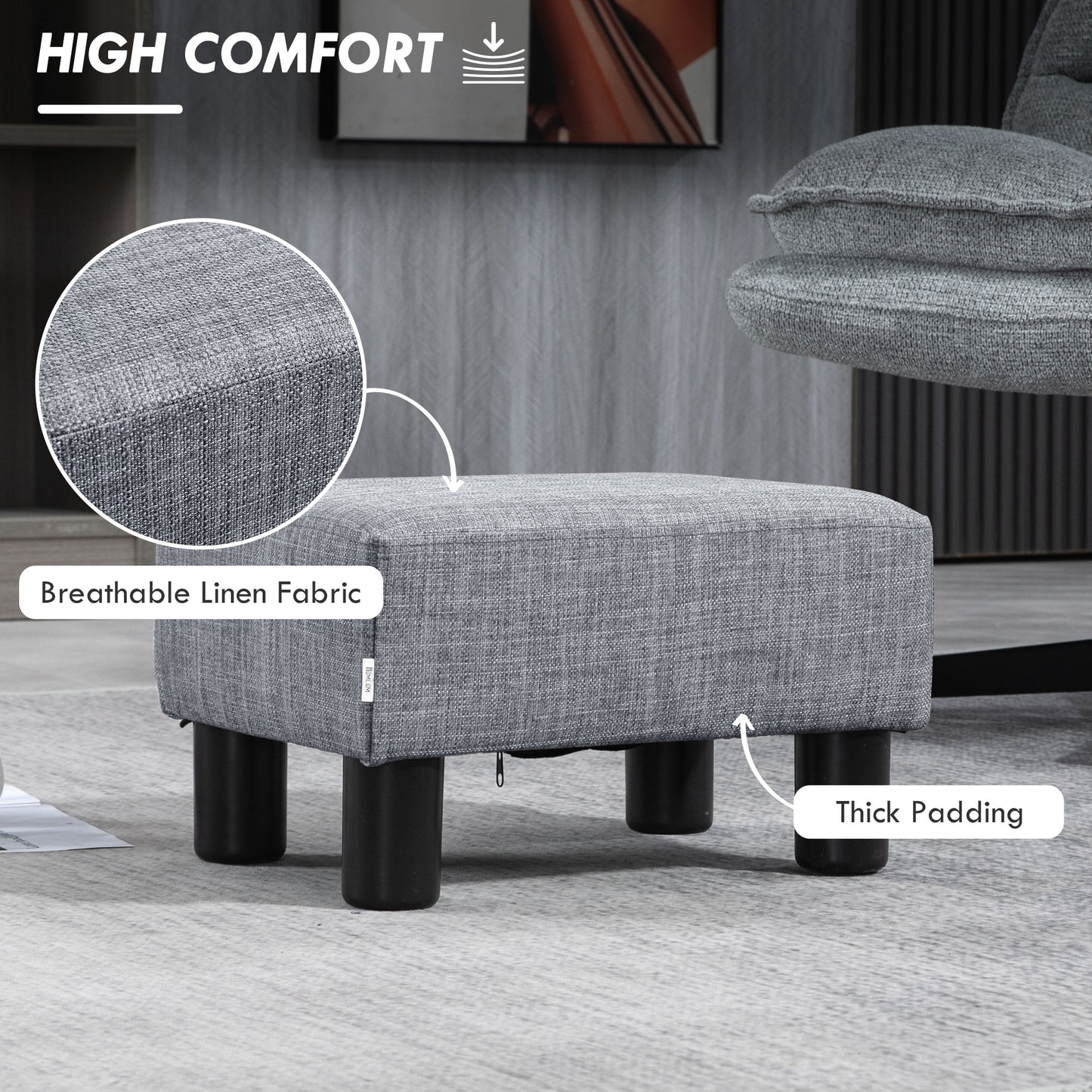 HOMCOM Linen Fabric Footstool Ottoman Cube With 4 Plastic Legs Grey Upholstered Footrest For Living Room