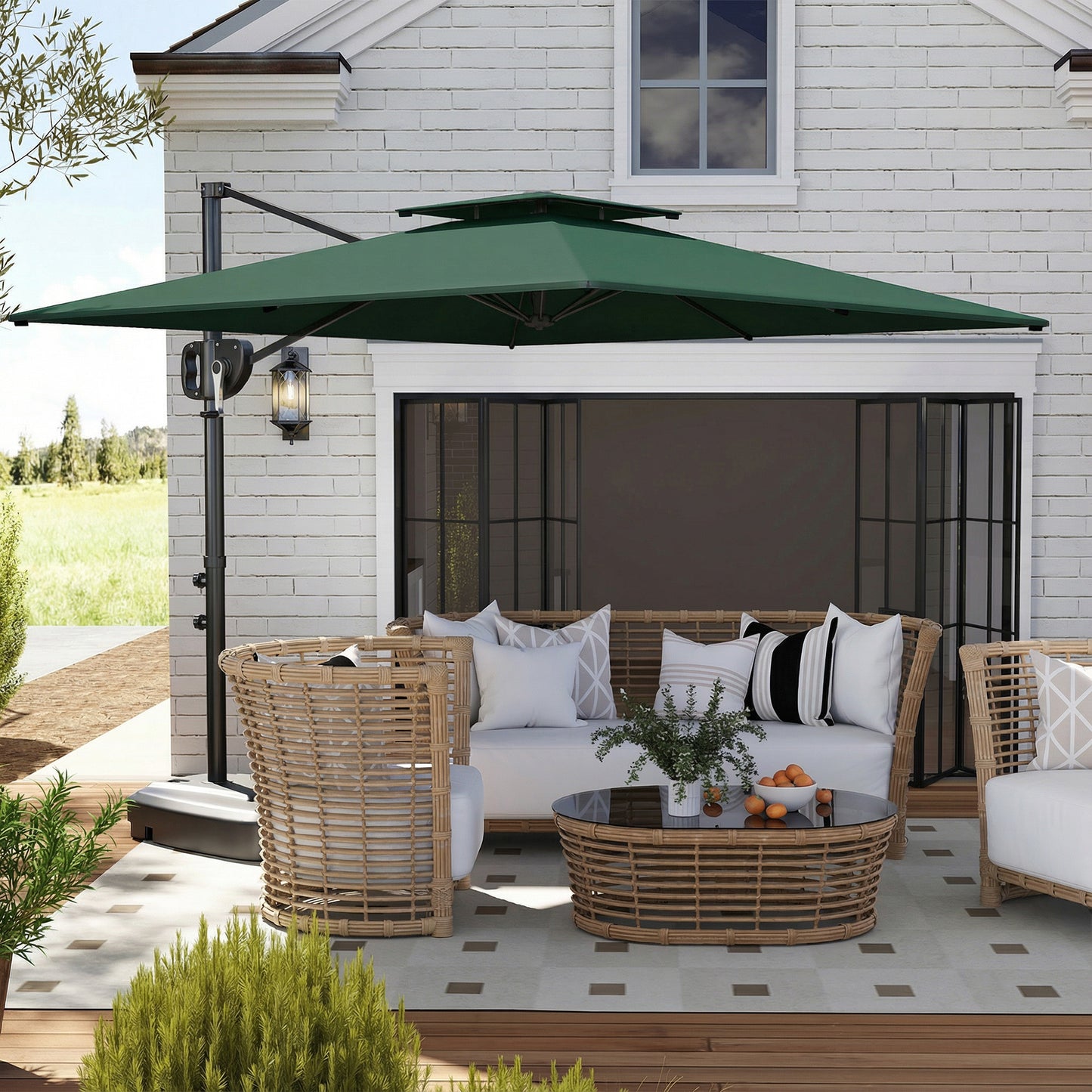 Outsunny Cantilever Parasol With Weighted Base And Crank Tilt Double Top Garden Parasol Patio Dark Green