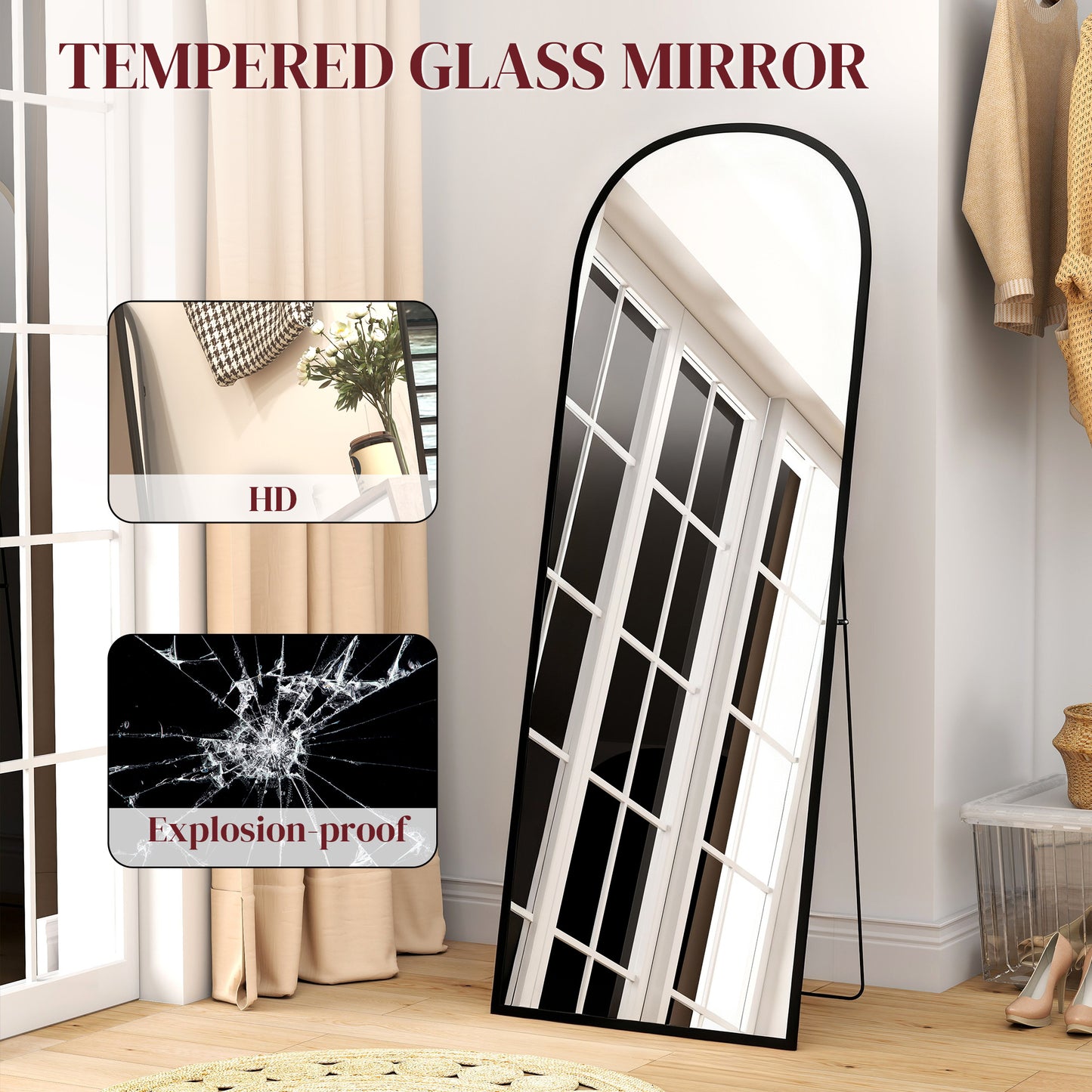 HOMCOM 165cm Aluminium Frame Standing Mirror Black Two Way Design With Wall Mount Option